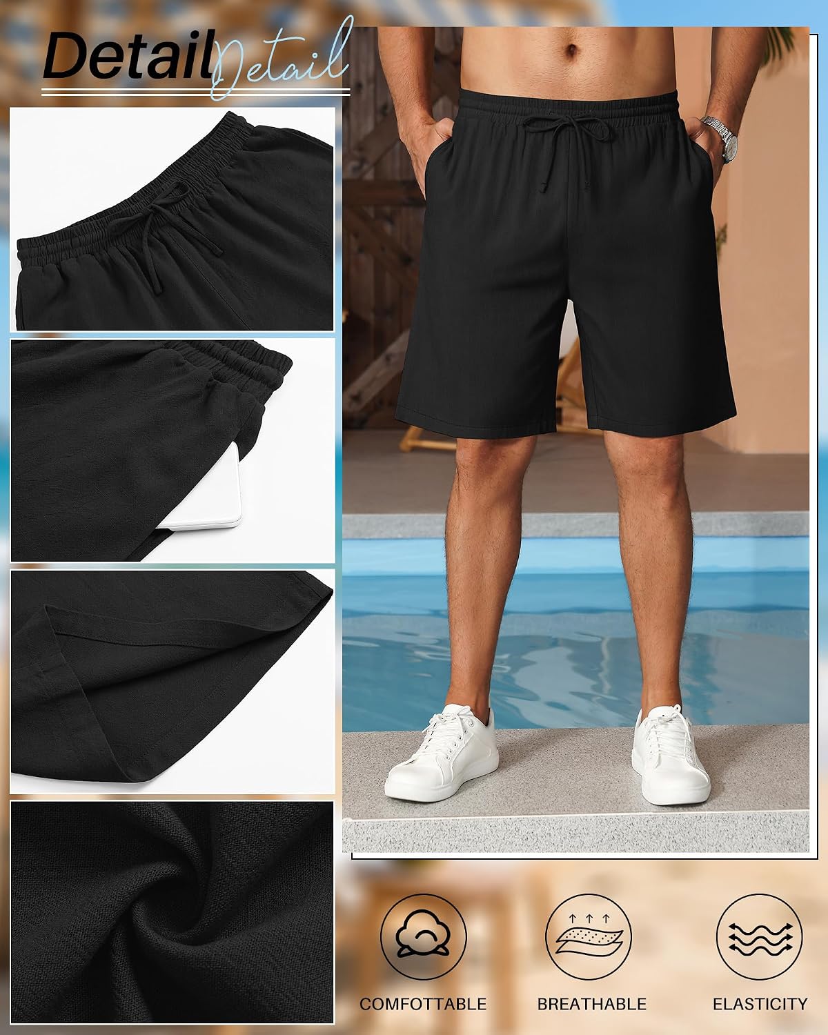 Evervibe 2 Pack Men's Big and Tall Cotton Linen 9" Inseam Shorts Drawstring Summer Casual Beach Bermuda with Pockets