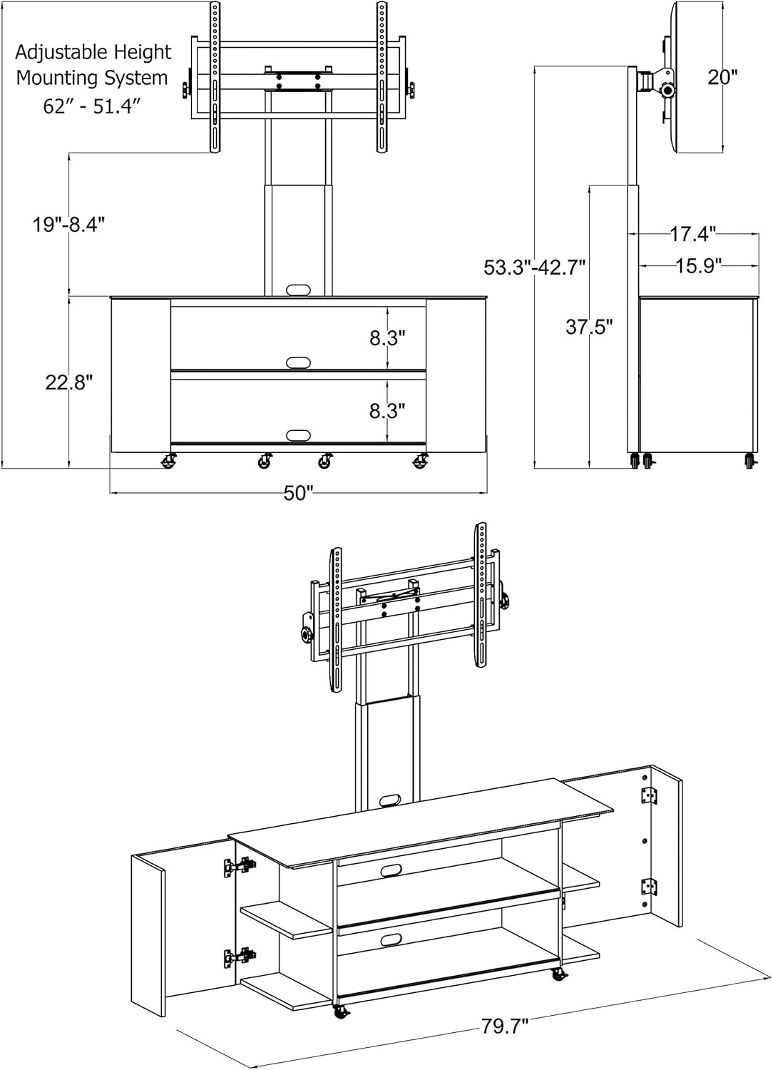 TransDeco TV Stand with DVD CD Cabinet & Wheel for Up to 90" TV TD987DB