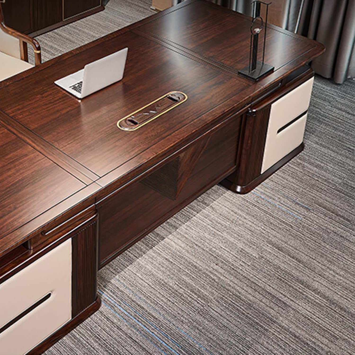 L Shaped Executive Desk with Bottom Shelves Business Workstation Home Office Desk with Metal Frame Gaming Table Workstation Drawers, Business Furniture for Home Office