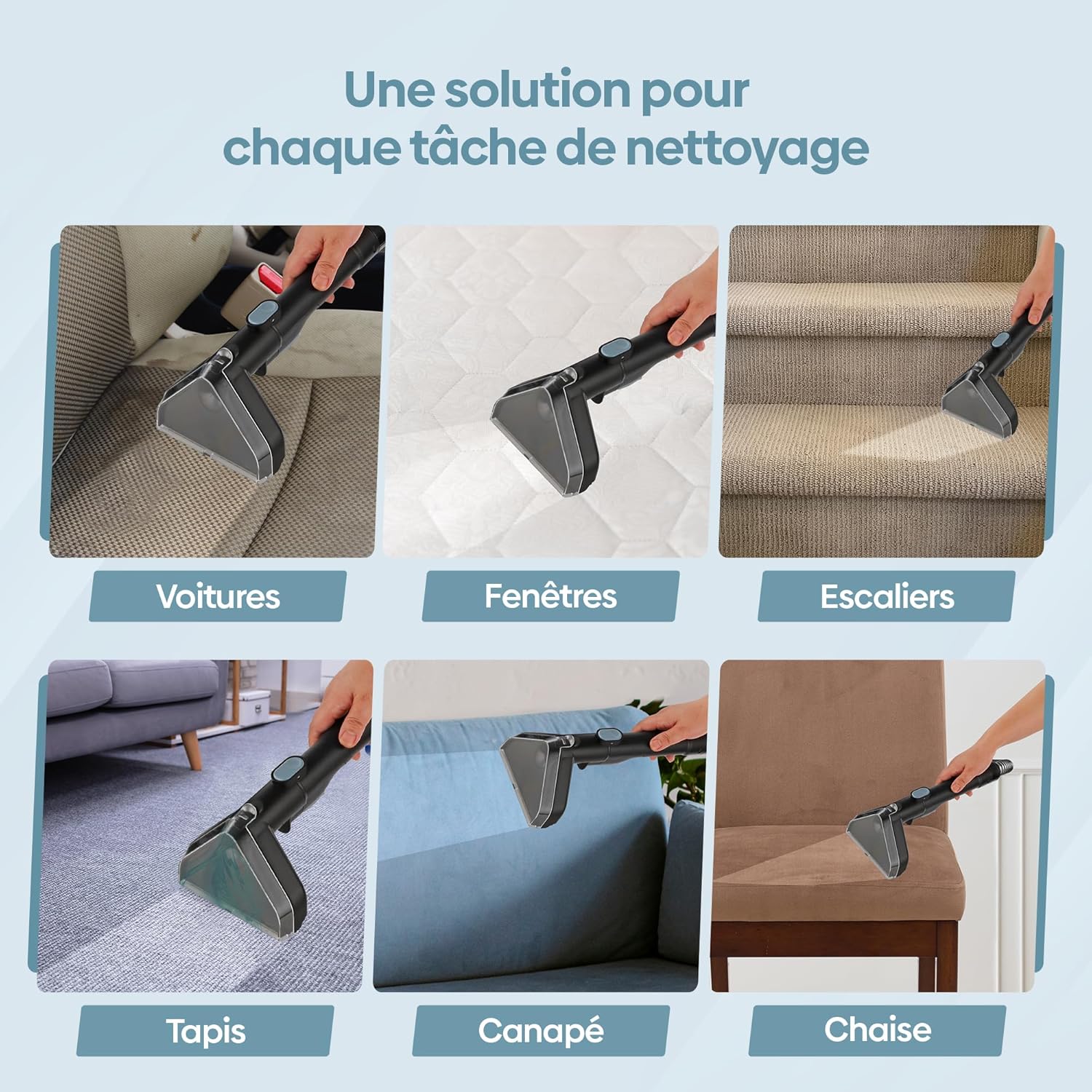 Olvy Tapijtreiniger PRO 2.0 cleaning various surfaces like car seats, windows, stairs, carpets, sofas, and chairs