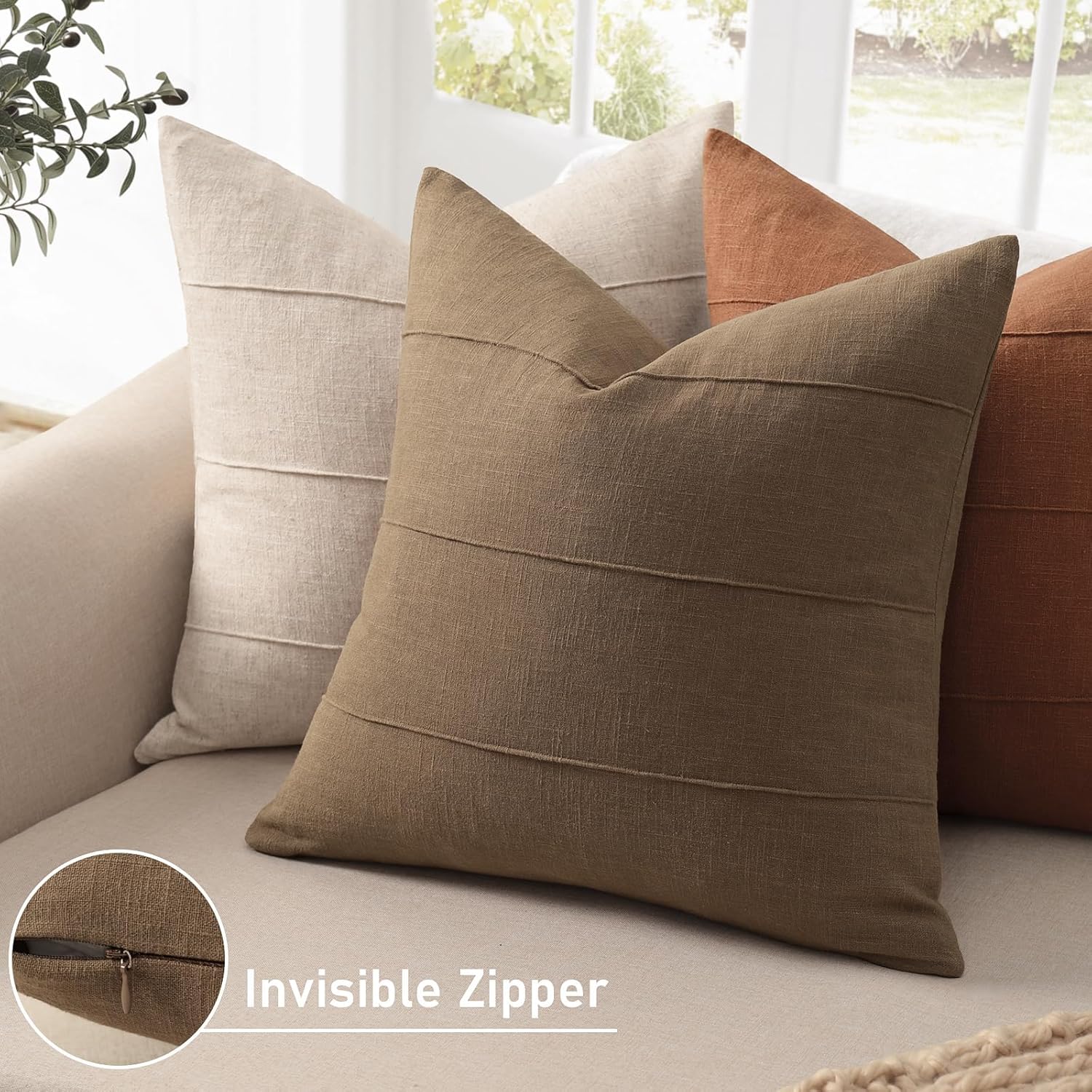 ZWJD Decorative Linen Throw Pillow Covers 22x22 Set of Solid Handcrafted Striped Cushion Covers for Bed Soft Modern Farmhouse Neutral Pillowcase for Couch Bedroom Living Room Home Decor(Coco Brown) Coco Brown 22" x 22" (Pack of 2)