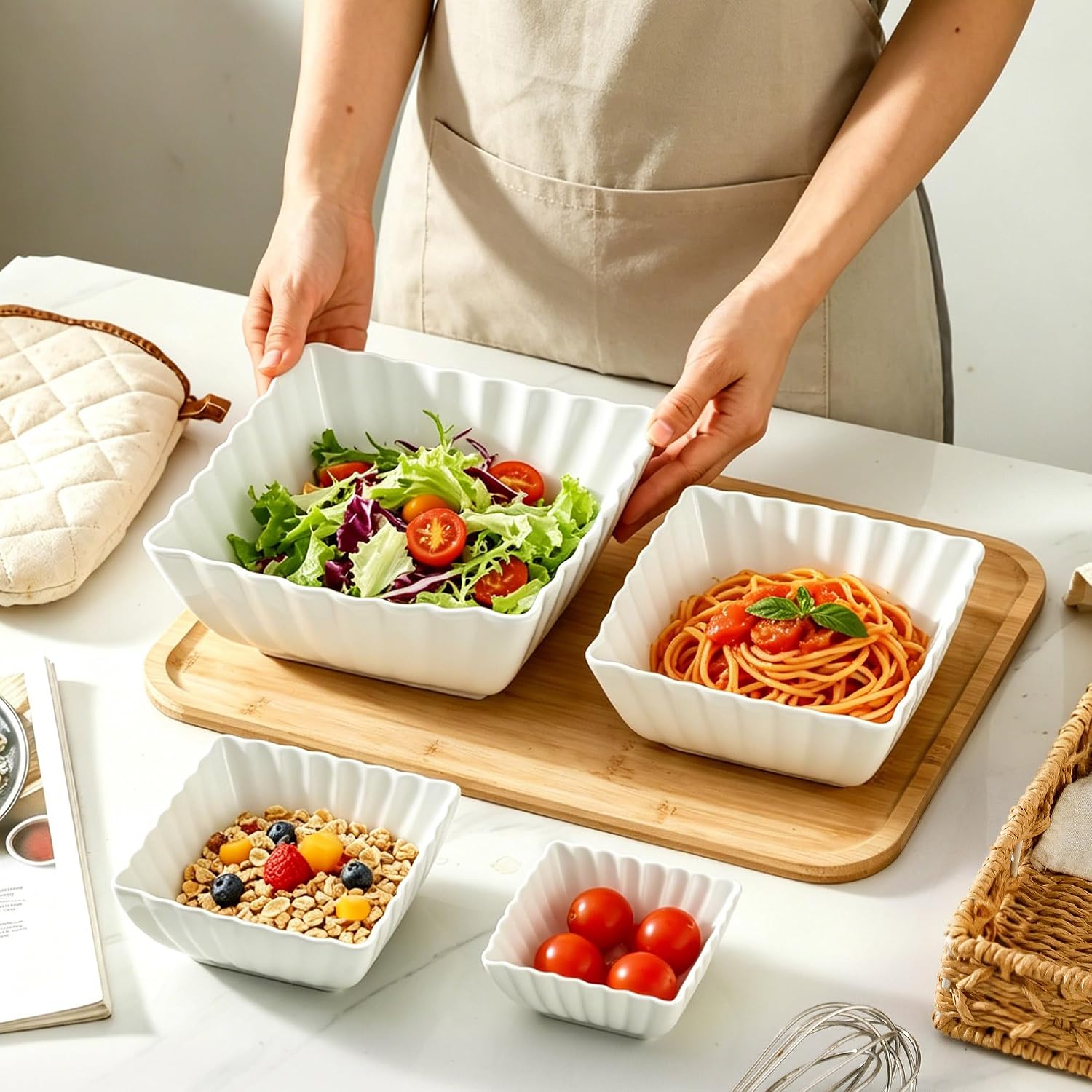 Porcelain White Fluted Square Serving Bowls & Dishes – 4 Piece Set (7, 16, 32, 64 oz) White Serving Bowls for Holiday, Party, Entertaining, Salad, Soup & Snacks, Dishwasher & Microwave Safe
