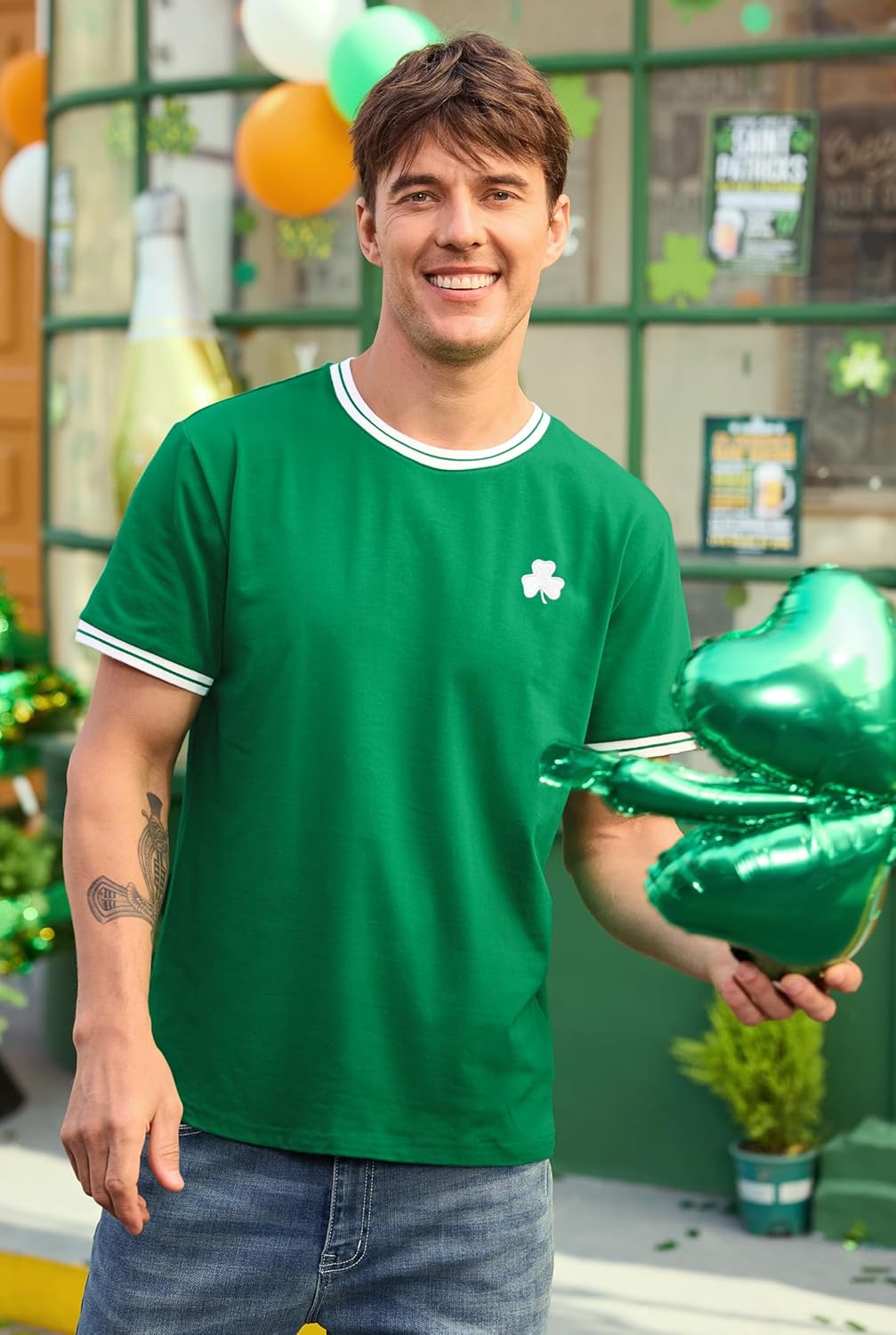 Arvilhill Men‘s St Patrick’s Day Tshirt Embroidered Contrast Collar Crew Neck Irish Clover Shirt (S-3XL) - Image 3