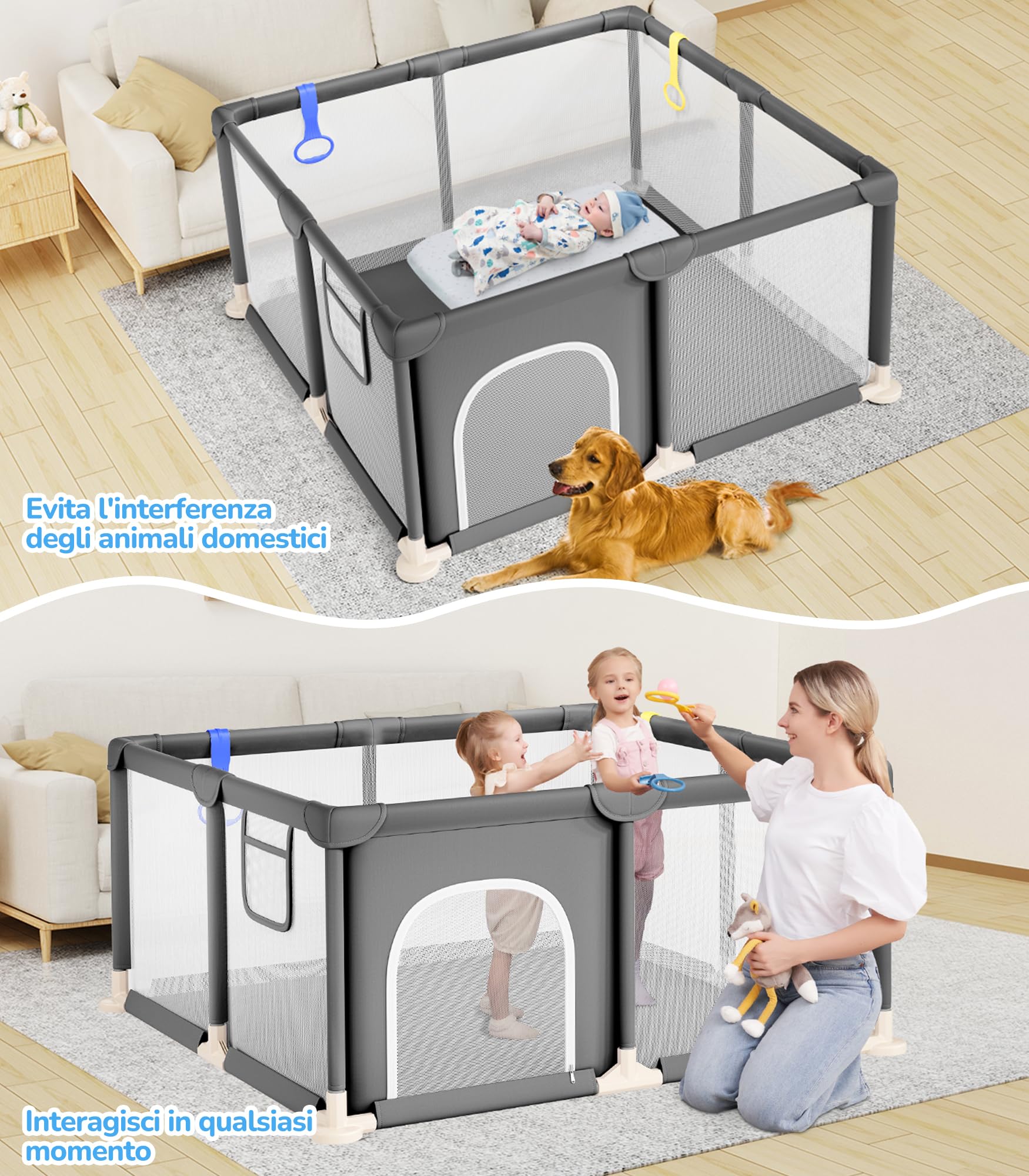 Dripex Box per Bambini Recinto Neonato - Small - Grigio Scuro | 124 x 124 cm Rete Traspirante Tessuto Oxford 210D, 2 Anelli di Gioco
