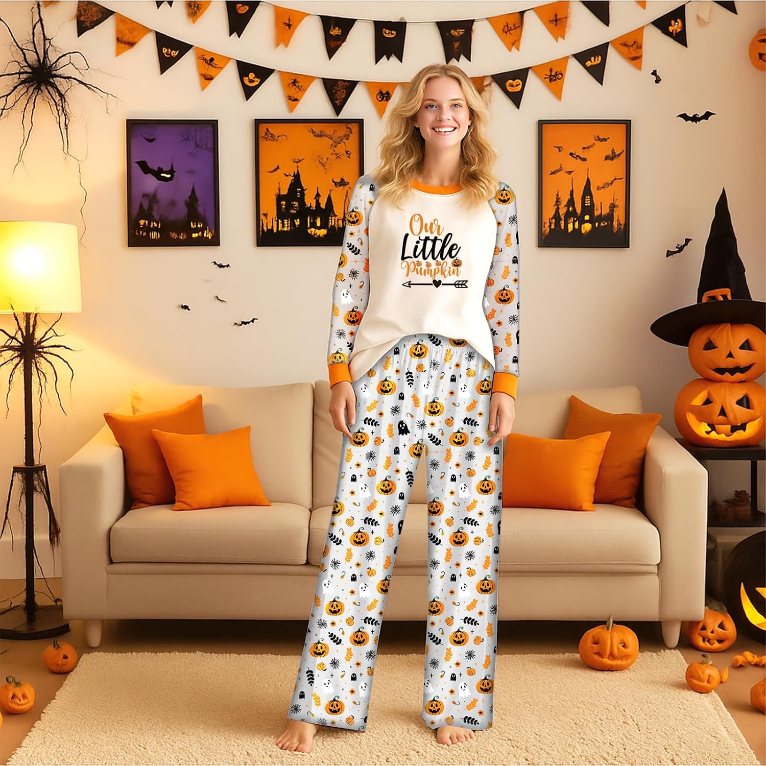 Family Matching Halloween Pajamas Set Long Sleeve Top & Pants 2 Piece Sleepwear Jammies Cute Pumpkin Ghost Spider Skeleton Pat Print Holiday Pjs for Women Men Couples
