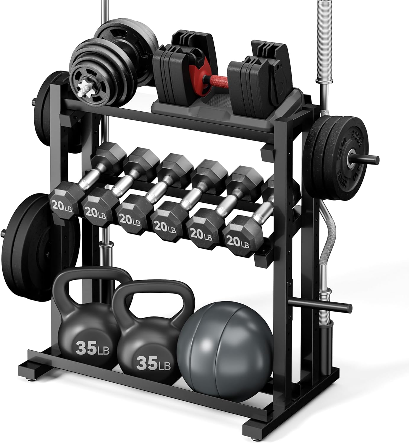 3-Tier Heavy-Duty Dumbbell and Plate Rack 1200LB Capacity, Adjustable Weight Storage Stand for Dumbbells, Kettlebells, Barbells & Weight Plates, Compact Multifunctional Organizer for Home Gym
