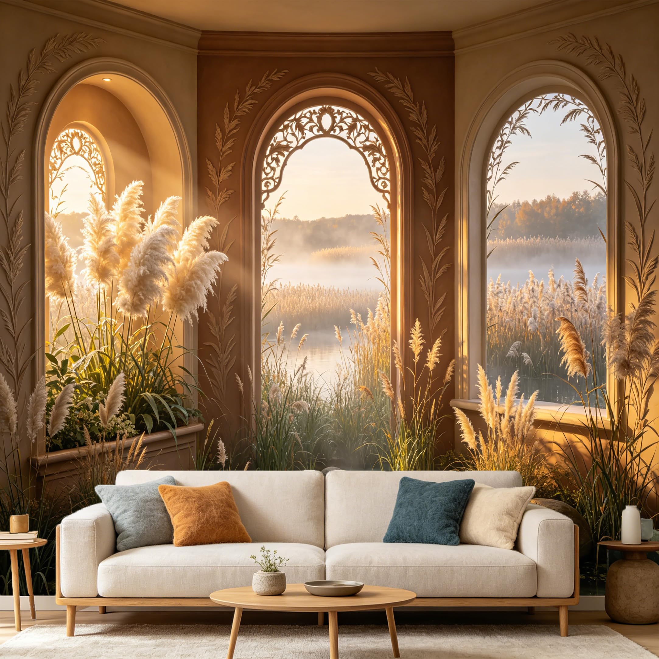 Custom Size Wall Mural， Scenic Archway Lake Foggy Reed Field， 3D Trompe L'Oeil Landscape， SelfAdhesive Art Prints wall Fabric Removable Large Wallpaper Home Living Room Decor