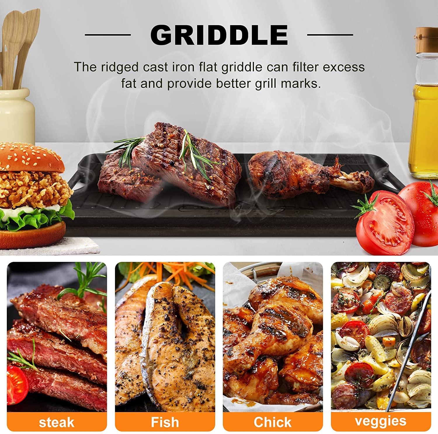 GFTIME 50,8CM x 26,5CM Gourmet Plancha, Plaque de Cuisson en Fonte réversible pré-assaisonné et poêle à Griller 2 en 1 avec poignées faciles à saisir pour Gril au Charbon de Bois