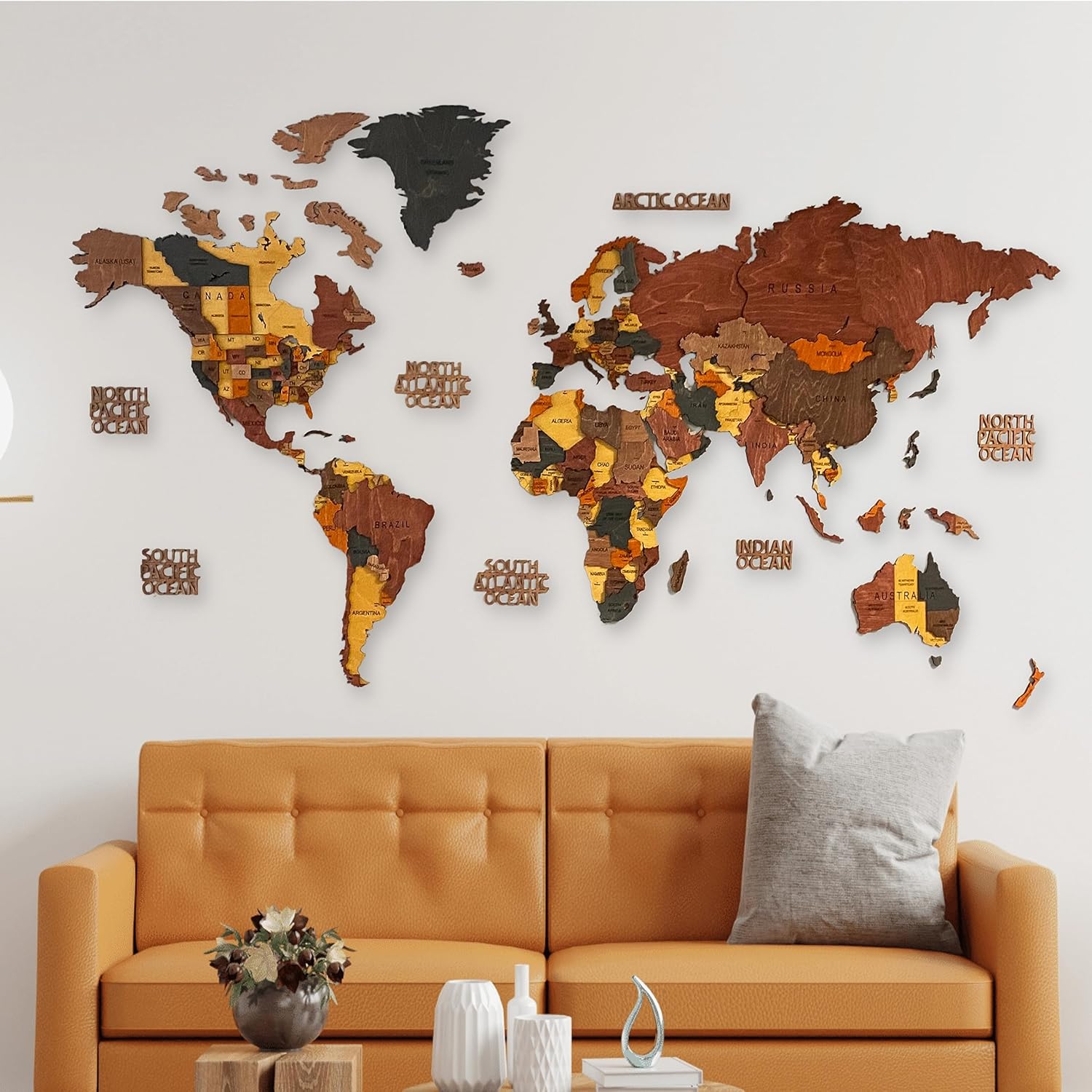 World Map, Wall Art Decor, Wood Map, 3D Wooden World Map, Large Map for Wall Colouful Wood Map, Housewarming Gift, Office Decoration (Large Map - (79 x 38 inch), Country + State)