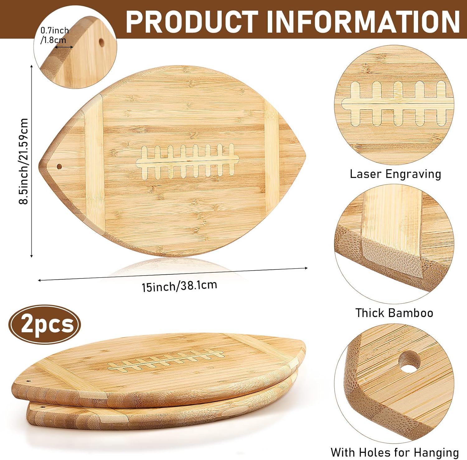 Foaincore 2 Pieces Football Shaped Cutting Board Bamboo Charcuterie Serving Tray Gift Set 15 Inch for Football Lovers Touchdown Themed Party Decoration Favor Supplies - Image 2