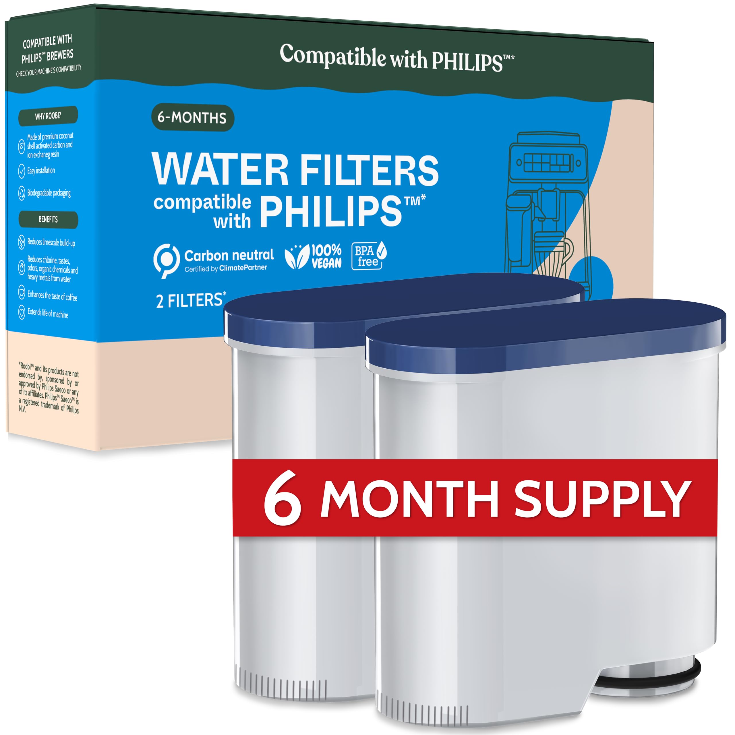 Roobi Philips Compatible Water Filters. Specially Designed for Saeco Coffee Machines, Carbon Neutral Aqua Clean Water Filters. 2 Pack, 6 Months SupplyClimatePartner certified