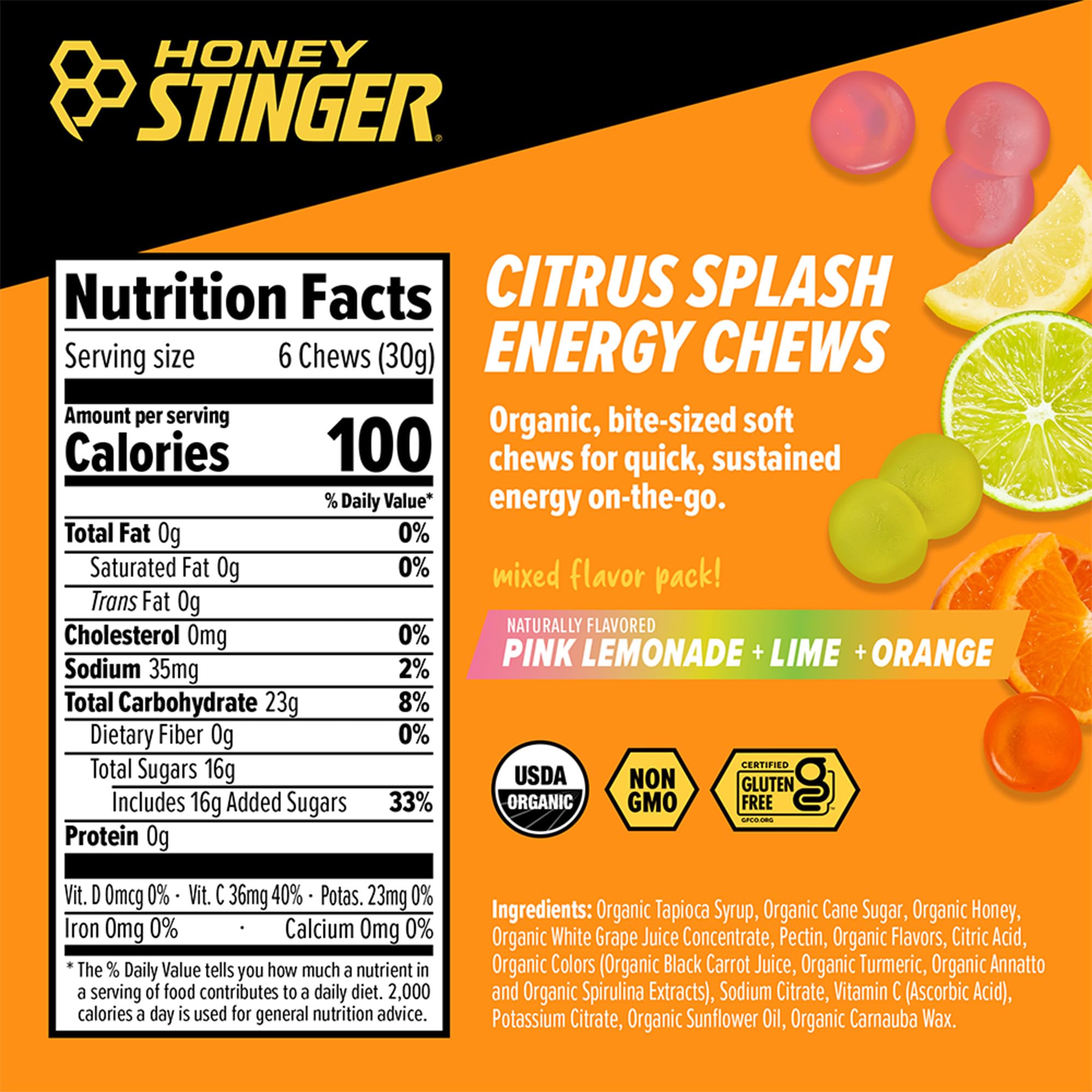 Honey Stinger Organic Citrus Splash Energy Chews, Gluten Free & Caffeine Free, for Exercise, Running and Performance, Sports Nutrition for Home & Gym, Pre and Mid Workout, 21.6 Ounces (Pack of 12) — Amazon image 3