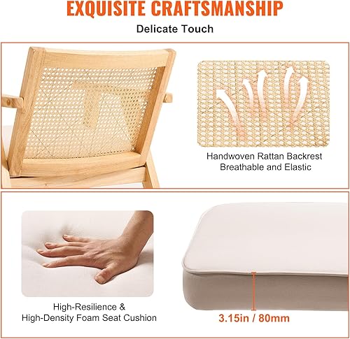 VEVOR Chaise en rotin, 1 pièce, Chaise de Salle à Manger Moderne du Milieu du siècle avec accoudoirs, Chaise rembourrée avec Dossier en rotin, Chaise rétro en rotin pour Salon, Chambre, Bureau, Beige - 3