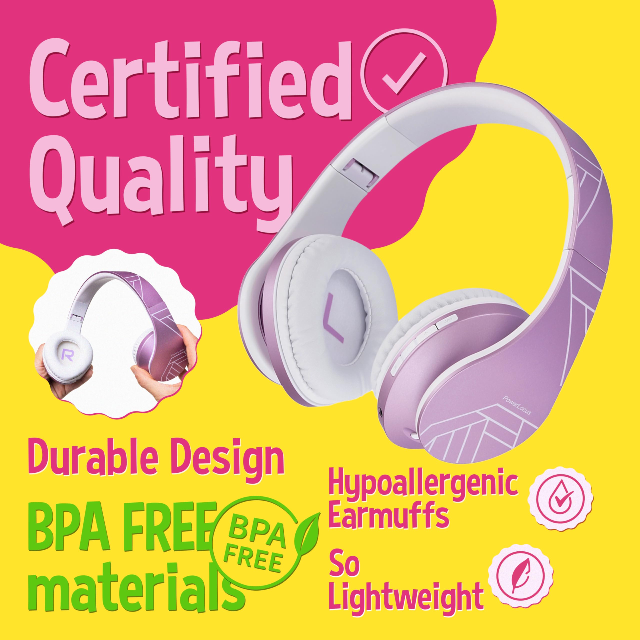 Cuffie Bluetooth per Bambini, PowerLocus P2 Cuffie Wireless Over-Ear, Cuffie Bluetooth 5.0 Pieghevoli, limite di volume di 85 dB, con Microfono, Micro SD, Cuffie Wireless e cablato,Custodia da viaggio