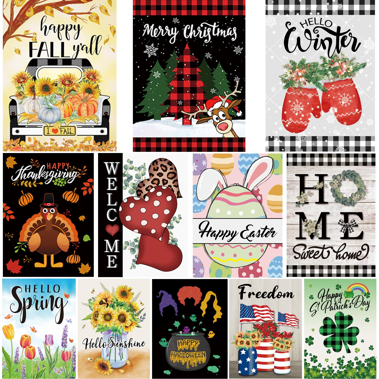 Pating Seasonal Garden Flags Set of 12 Double Sided 12 x 18 Inch, Small Yard Flags for Outside, Christmas Halloween Easter Valentine's Day Outdoor Decor, Holiday Garden Decorations for All Seasons