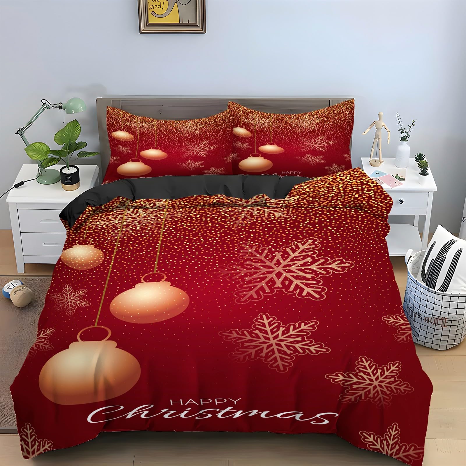 Housse de couette 200x200 boules de Noël microfibre anti-pli avec zip fermeture éclair