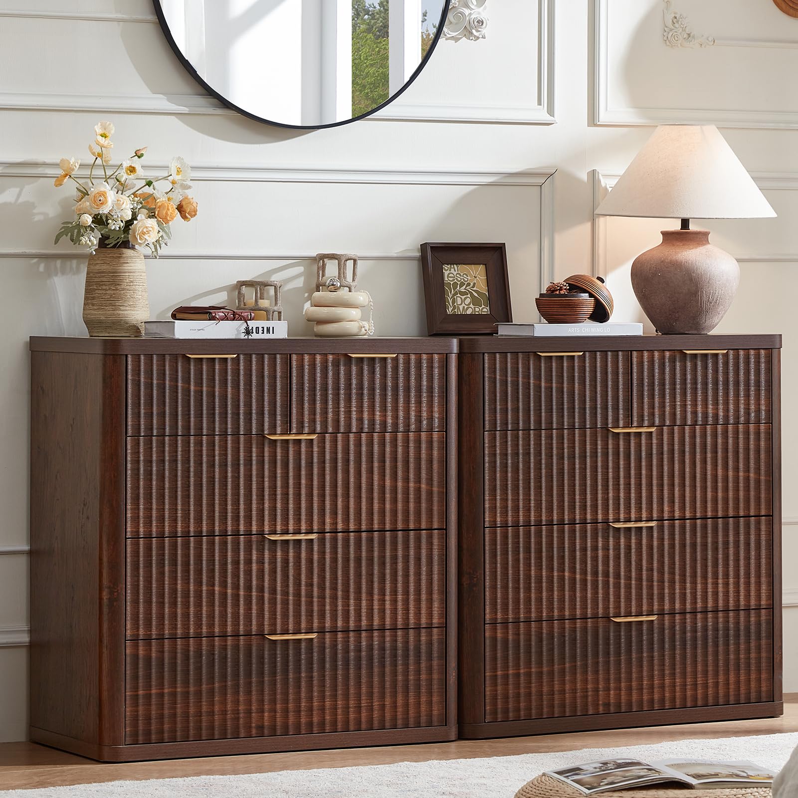 LEYAOYAO Fluted 5 Drawers Dresser for Bedroom Set of 2, 34" Tall Modern Chest of Drawers with Metal Handle, Curved Profile Design,Wood Drawer Organizer for Bedroom, Living Room, Hallway,Walnut