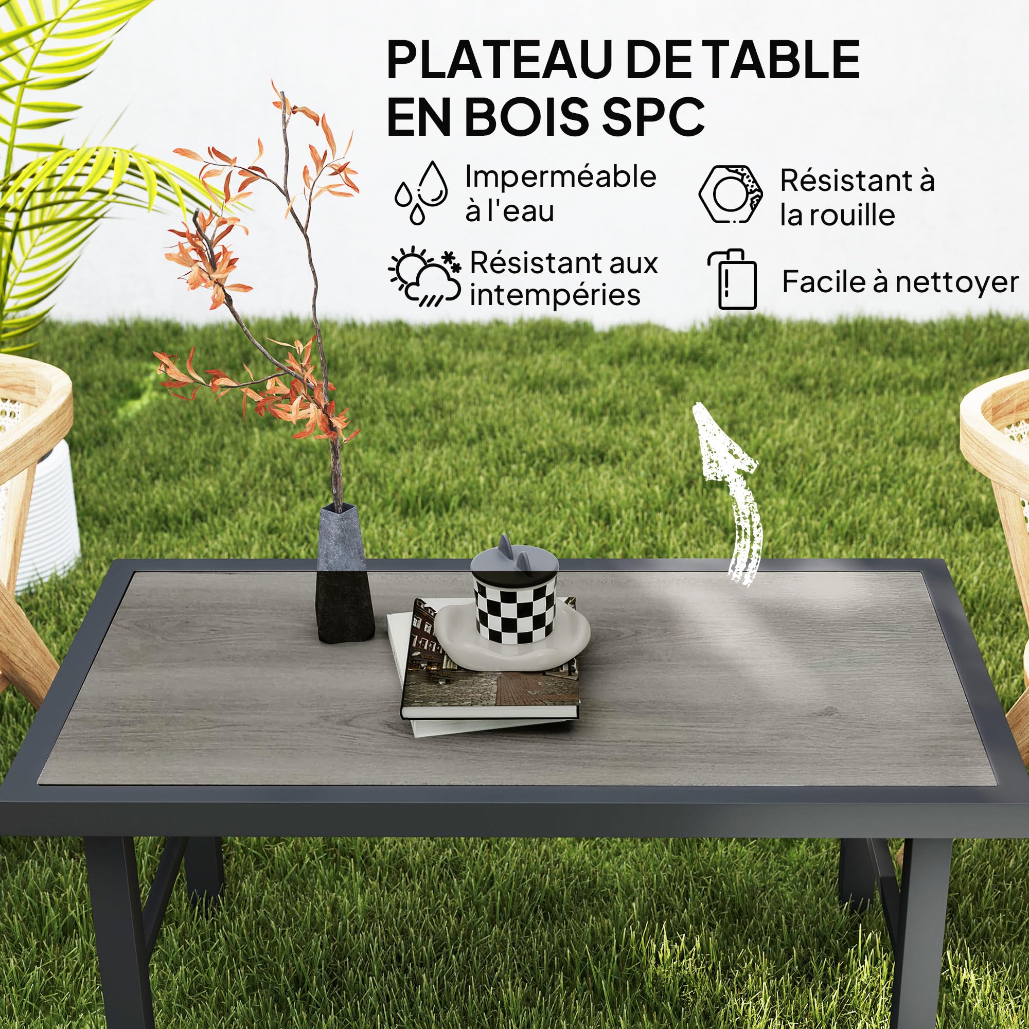 Outsunny Table Basse de Jardin rectangulaire Table de Jardin avec Plateau SPC à Effet Bois pour intérieur/extérieur en métal, 100 x 52 x 46 cm, Effet Bois Gris