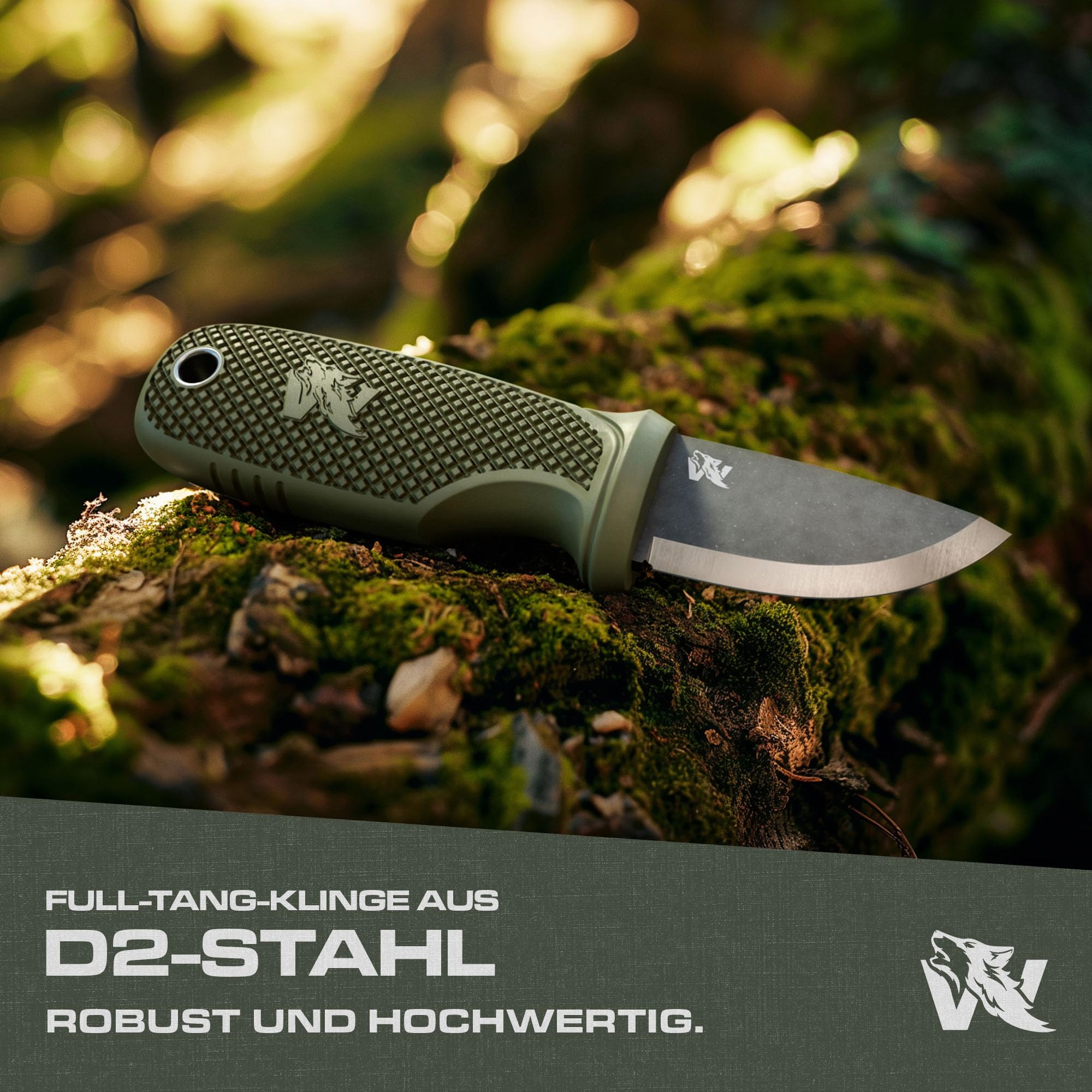 Odenwolf W-Mini 2 Neck Messer aus D2-Stahl - Feststehend mit Holster und Feuerstein - Outdoor, klein und handlich - Halskette