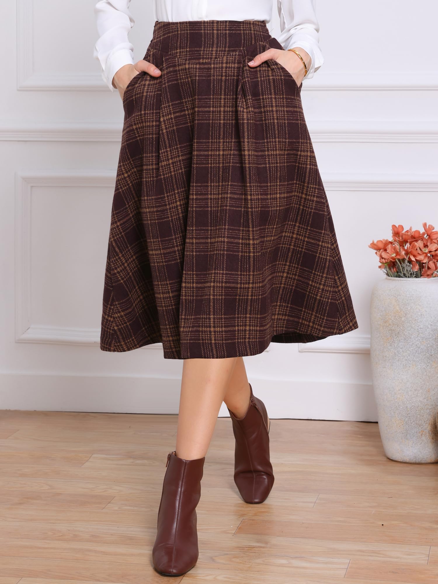 Allegra K Femme Jupe Plissée Tartan Taille Haute Trapèze Midi | Motif Tartan Taille Haute Dos Élastique Fermeture à Glissière Invisible Longueur Genou Coupe Trapèze Poches