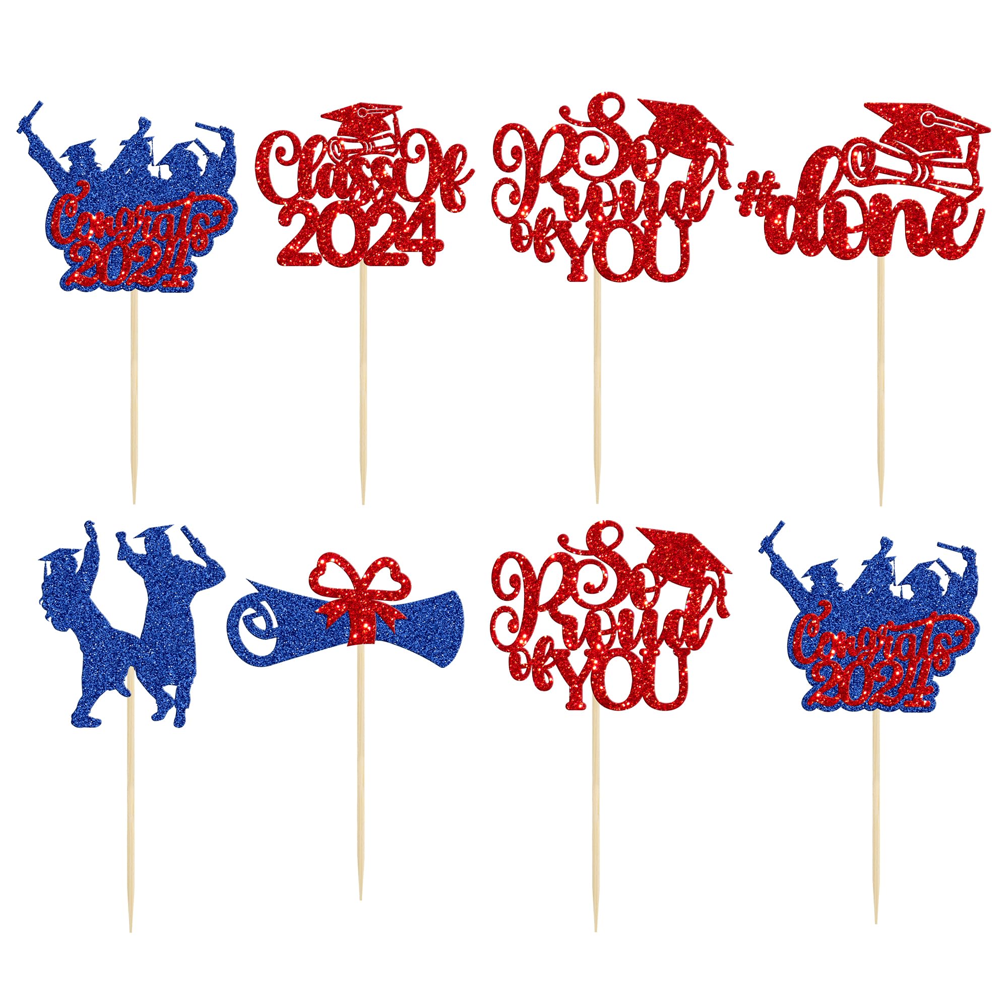 Gyufise 24Pcs 2026 Graduation Cupcake Toppers Glitter Class of 2026 Diploma Congrats Grad 2026 Cake Decorations Cap Cupcake Picks 2026 Graduation Theme Party Cake Decorations Supplies Red Blue - Image 3