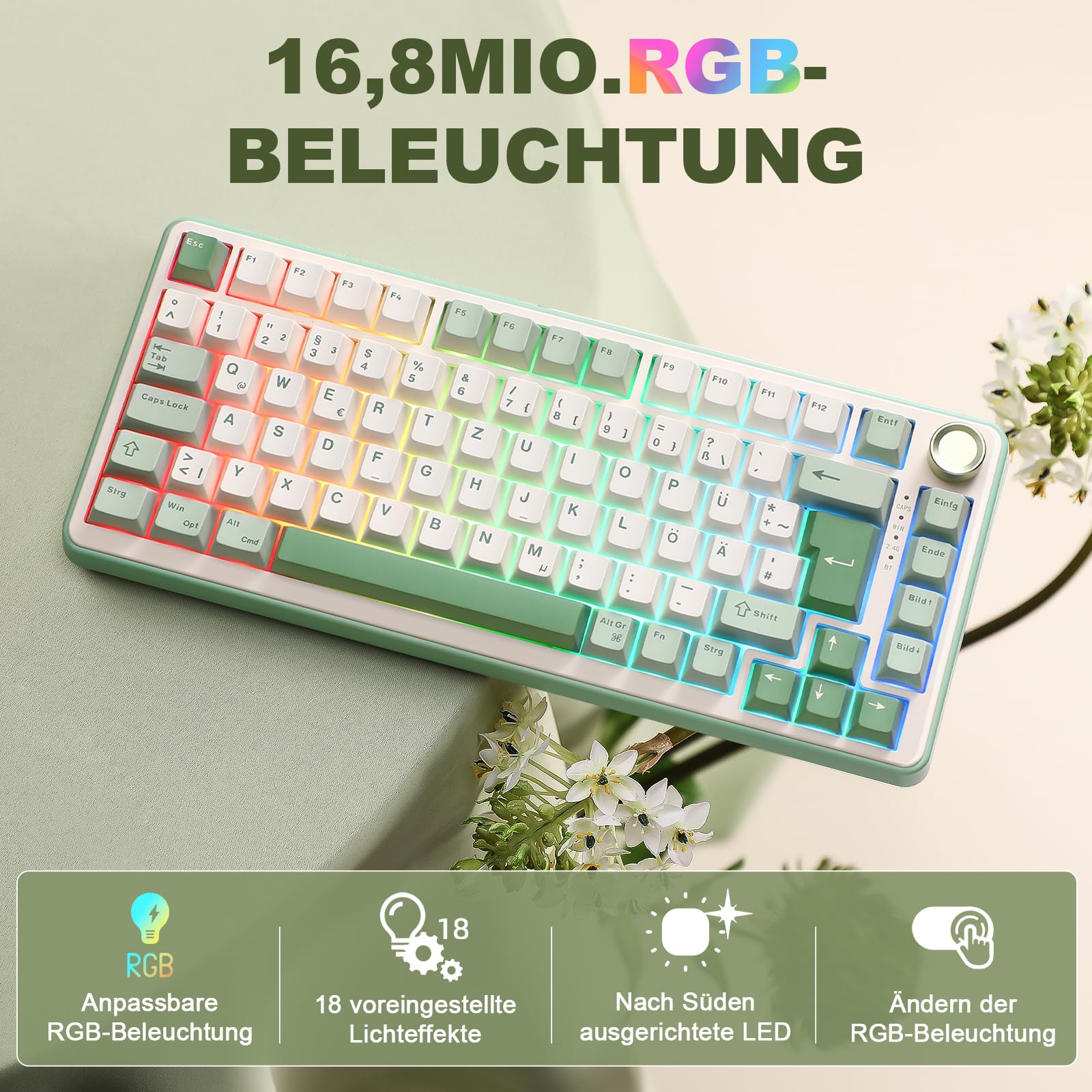 YUNZII B75 PRO ISO-DE Mechanische Gaming Tastatur, 75% QWERTZ Layout (DE) mit Drehknopf, BT5.0/2.4GHz/USB-C, Vorgeschmierte Schalter, RGB für Win/Mac/PC (Matcha Green, Cocoa Cream V2 Switch)