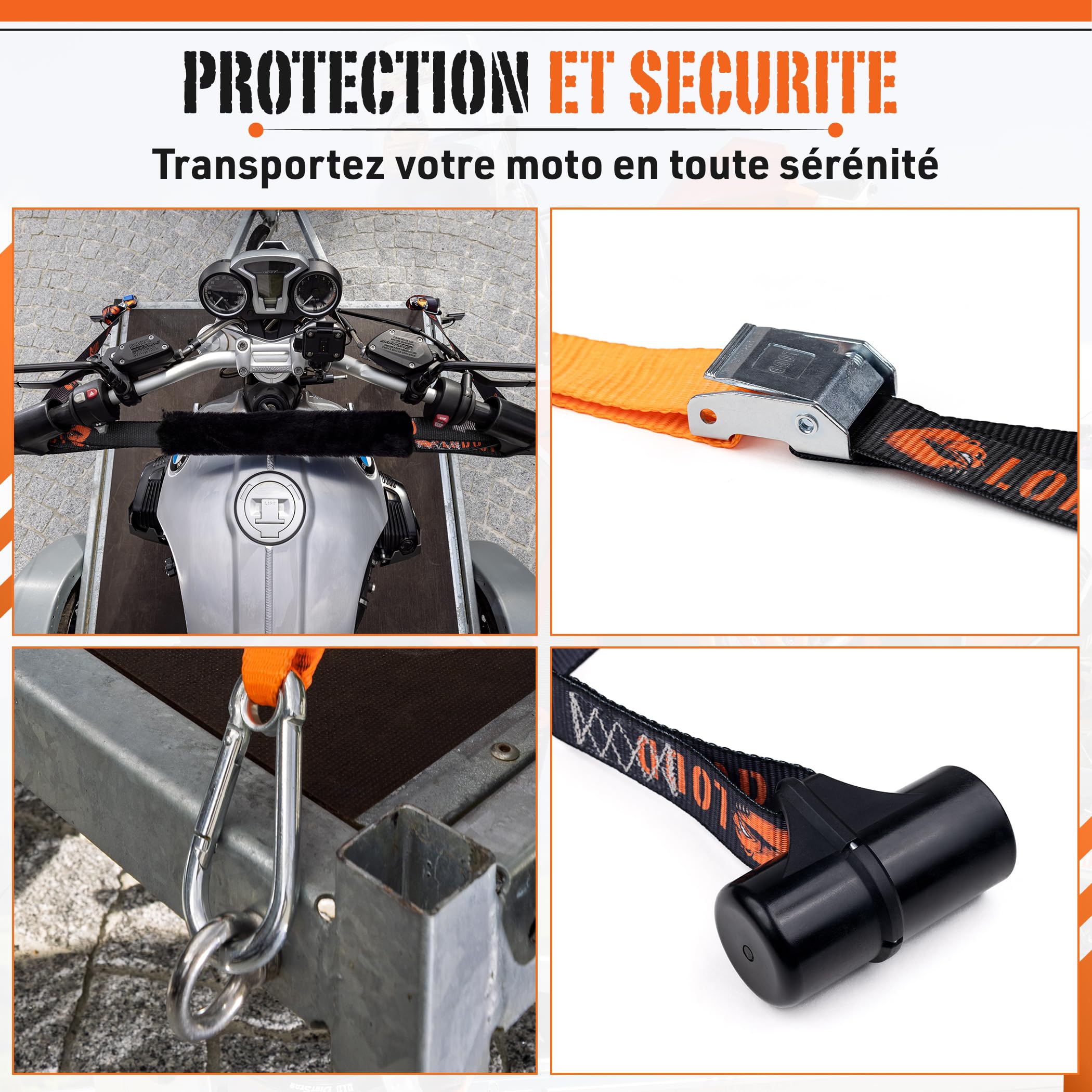 LODD – Sangles Moto, Arrimage au Guidon avec Manchons Composites Renforcés, Boucles Renforcées, 38 mm, Résistance 1100 kg, Mousquetons Acier, Remorque, Motos routières & Sportives – Valise Incluse