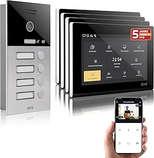 GVS - IP Video Türsprechanlage 4 Familienhaus mit Türöffner, HD Kamera, 4X 7 Zoll Monitor & App - Smarte Video Türklingel mit Kamera & Gegensprechanlage (AVS1092U)