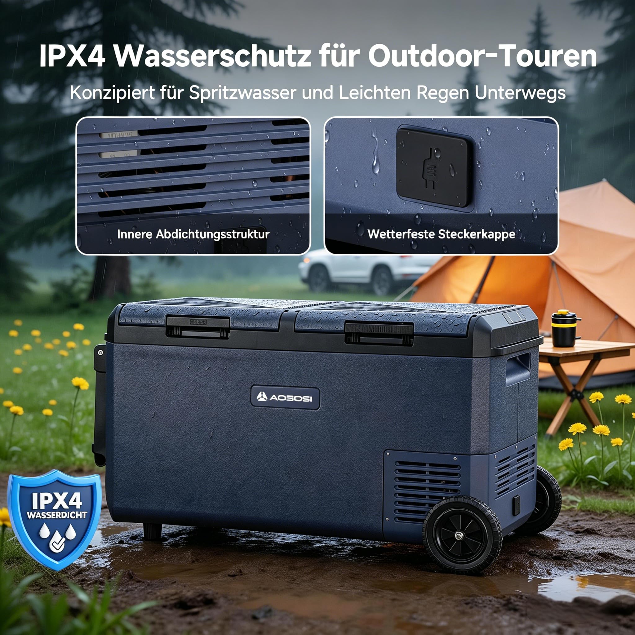 AAOBOSI 75L Kompressor Kühlbox, Kühlbox Elektrisch Dual Zone mit Rollen & Zuggriff, APP Steuerung, IPX4 Wasserdicht, -20°C bis 20°C 12V/230V – Ideal für Auto, Camping, Boot, Wohnmobil, Angeln Outdoor