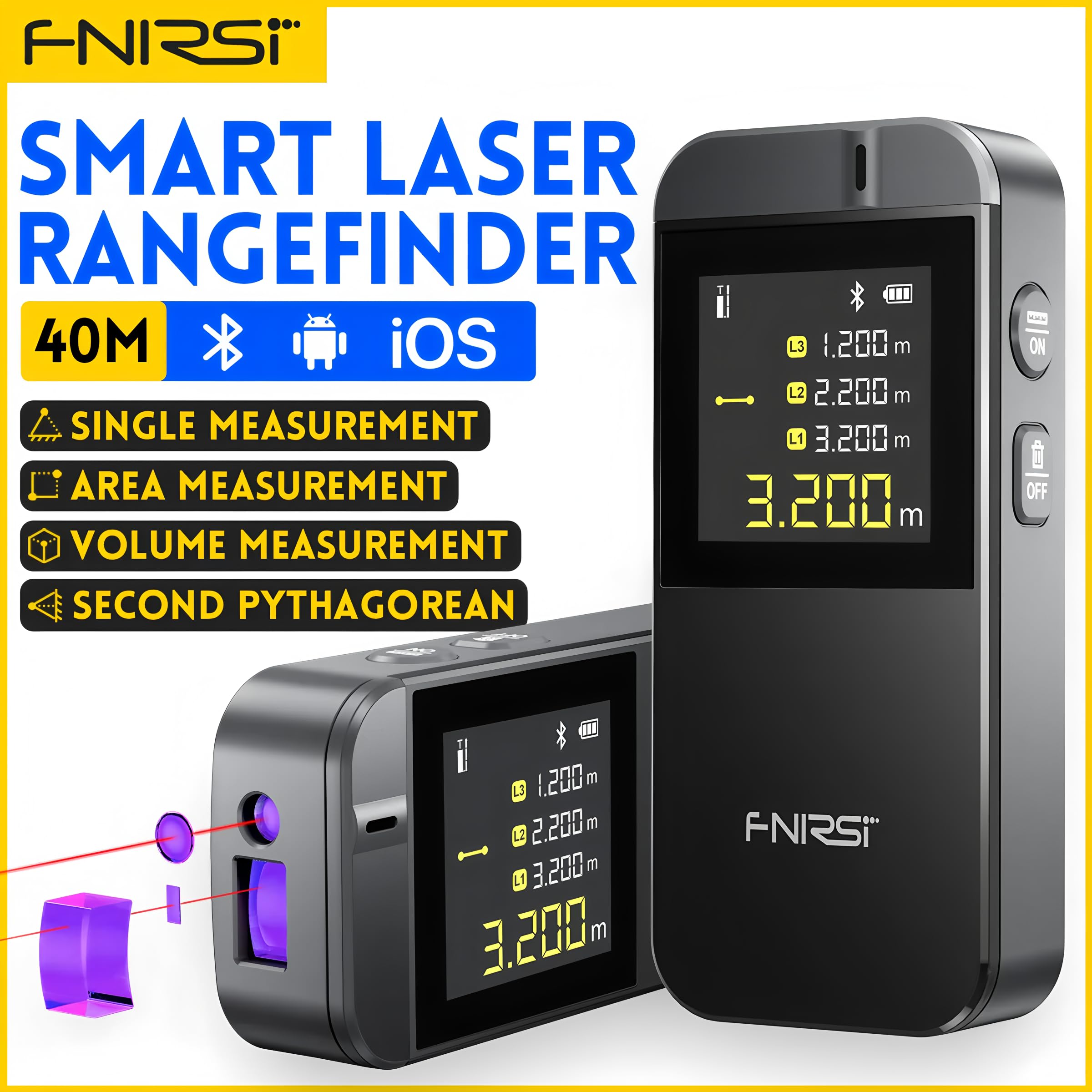 Télémètre laser IR40 40M gris, mesureur de distance manuel infrarouge, mesure de surface et volume, Bluetooth, application Android/iOS (IR40)