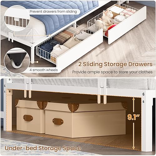 Miniatura 6 de Marco de cama de esquina individual Hasuit con cajones de almacenamiento y cabecero tipo estantería, marco de cama de plataforma de metal tamaño