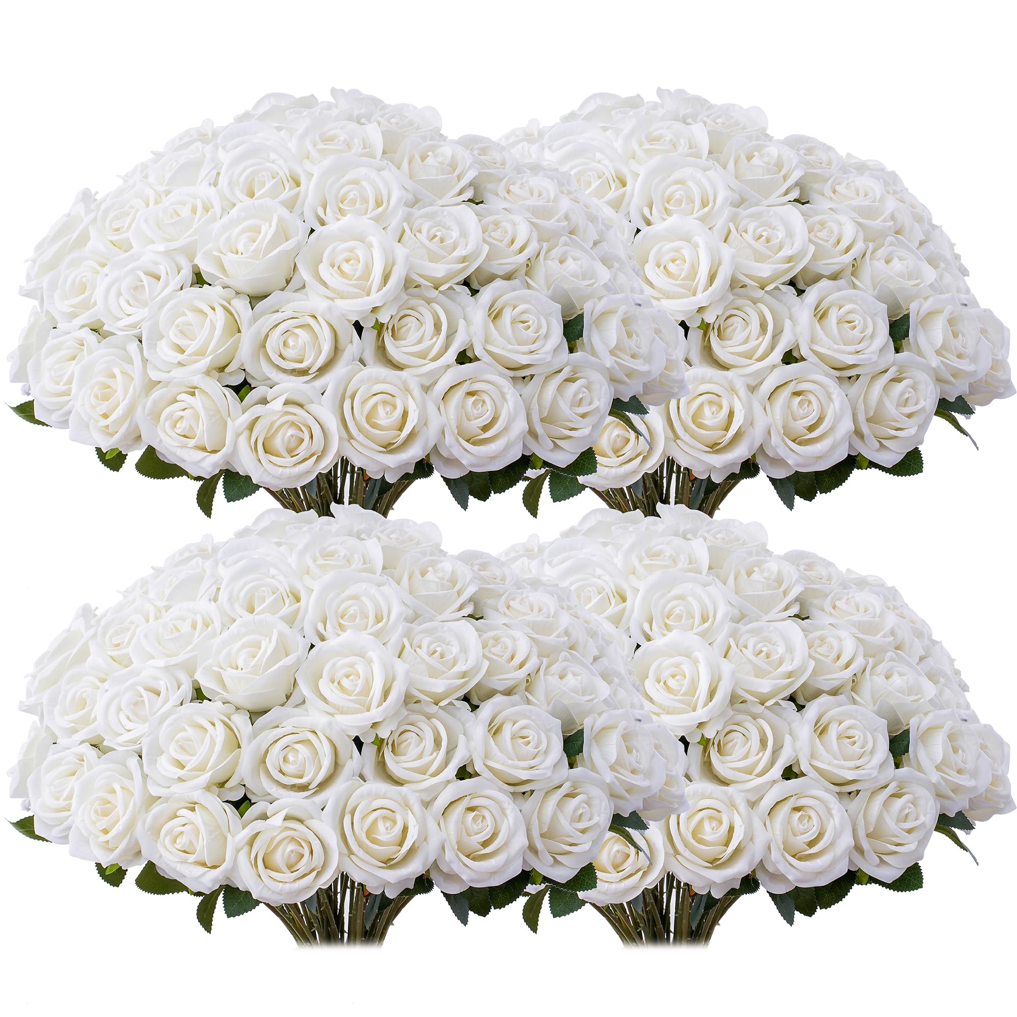Photo 1 of 100 PCS Fake White Roses, Artificial Flowers Bulk, Silk Faux Ivory Roses