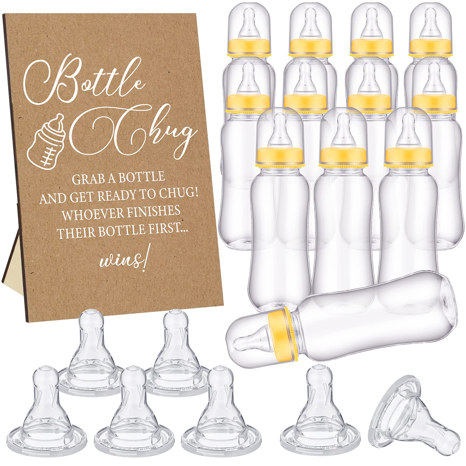 Cool Baby Shower Games Wooden Bottle Chug Sign Rustic Theme Baby Gift Sets and 12 Pcs Baby Bottle Shower Favor Baby Bottles for Rustic Kraft Baby Shower Games Gender Reveal (Rustic Kraft)