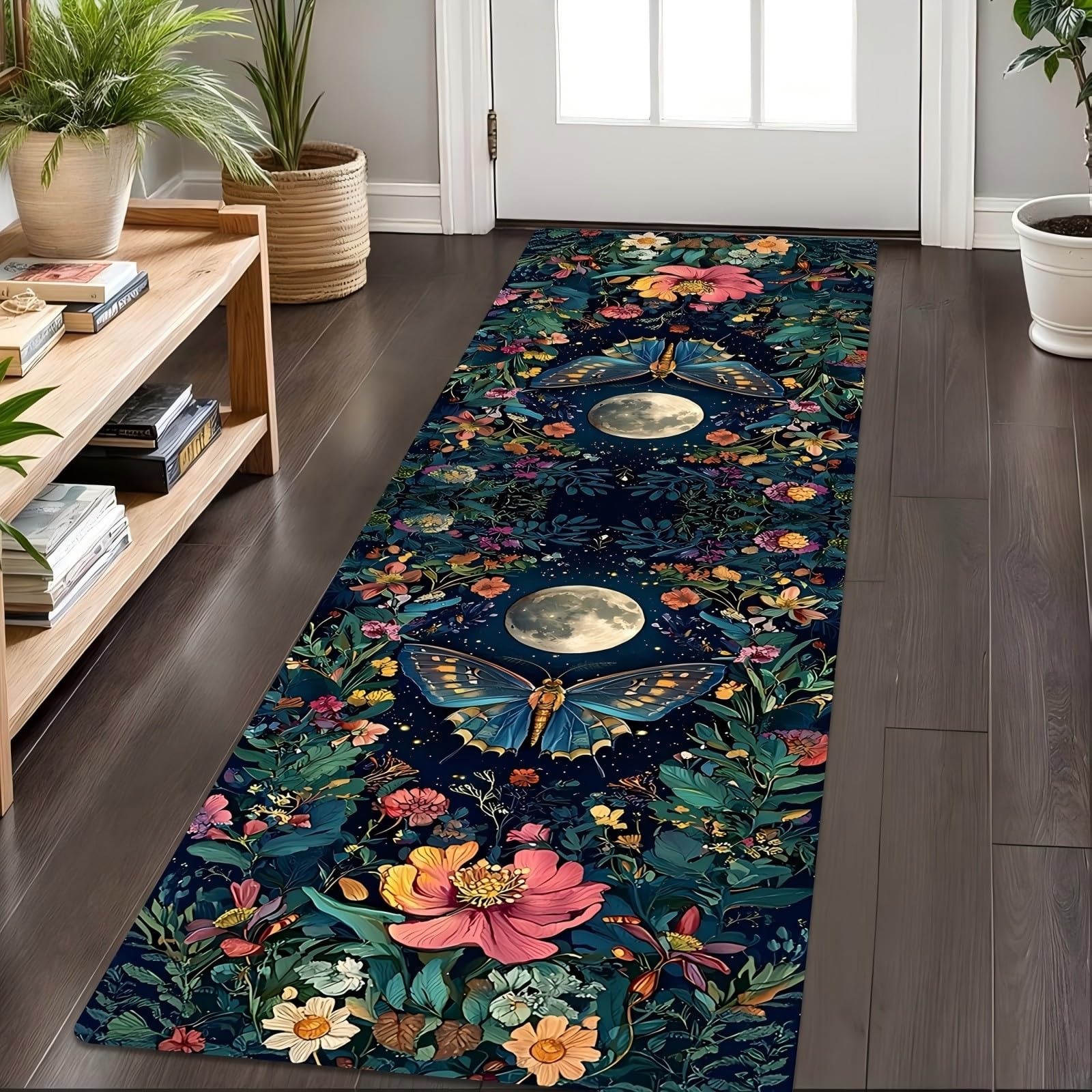 RICAUOU Gothic Moth and Moon Hallway Runner, 120x300cm Enchanted Forest Butterfly Non-Slip Long Carpet, Washable Soft, Lightweight, Low-Pile Bohemia Mystical Botanical Floral Kitchen Runner Rugs