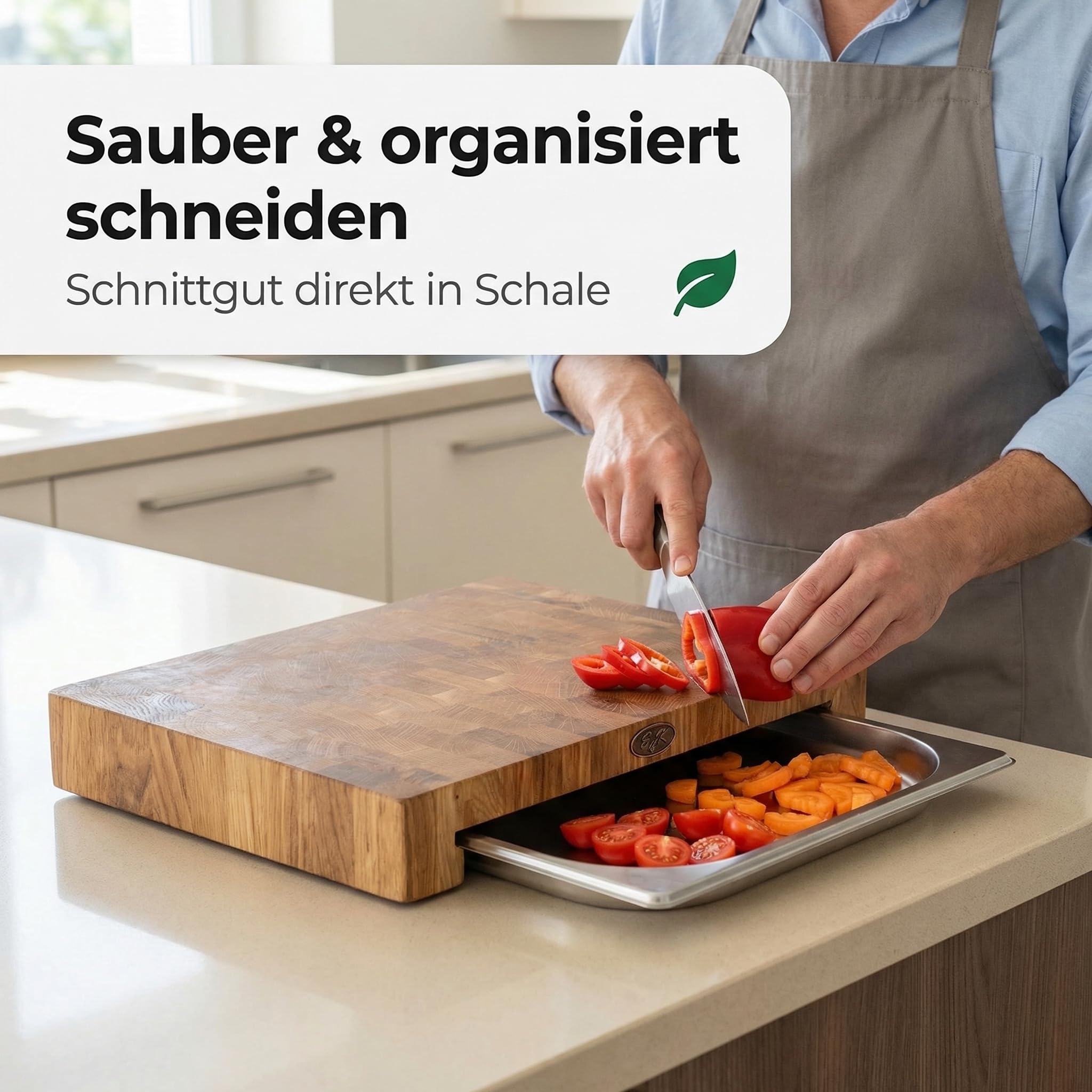 B4K® Stirnholz Schneidebrett Eiche 40×30×6 cm mit Auffangschale | Massiver Hirnholz Hackblock, Mit Auffangschale & Silikonfüßen, Antibakterielles Holz, Für Fleisch, Brot, Gemüse