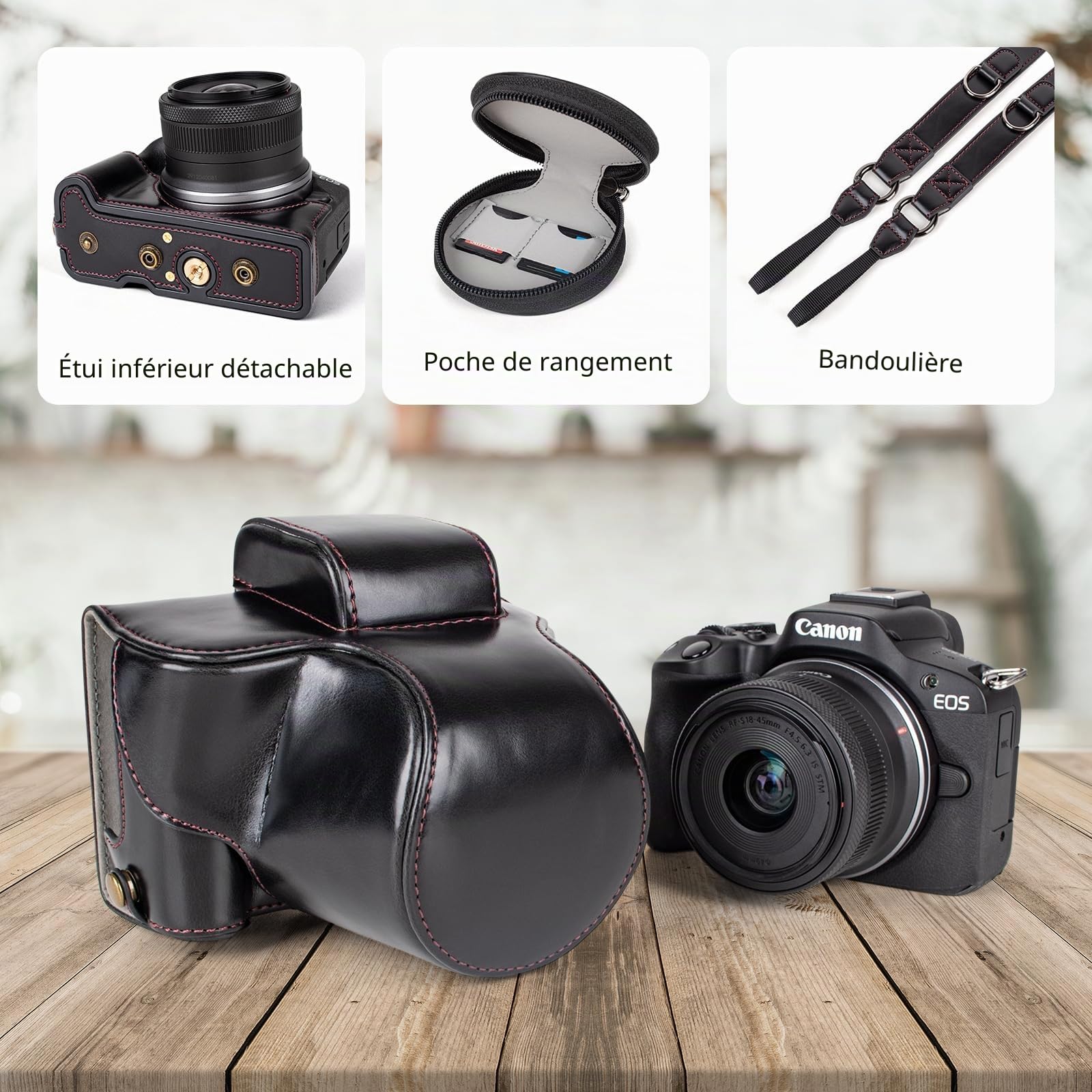 MUZIRI KINOKOO Housse pour Canon EOS R50/R100 et Objectif 18-45 mm, Cuir PU Étui de Protection Accessoires pour Appareil Photo EOS R100/R50 - avec bandoulière et Poche de Rangement Inclus – Noir