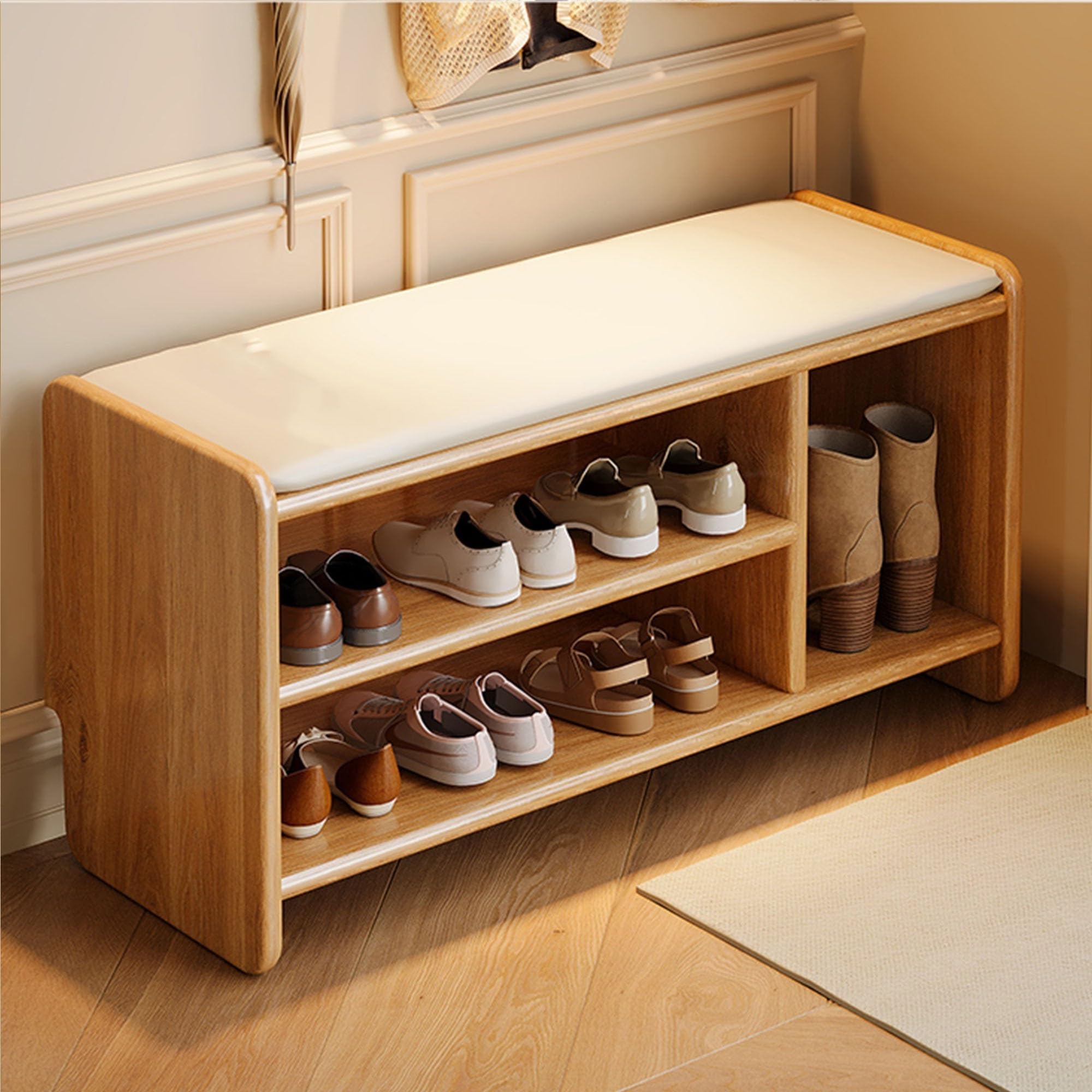 Entryway Shoe Rack Storage Bench Shoe Organizer Ottoman with Storage for Front Door Entrance Shoe Cabinet Bedroom End of Bed Bench with Padded Seat for Hallway Living Room Foyer Closet Entryway(Wood c 100cm Wood Color