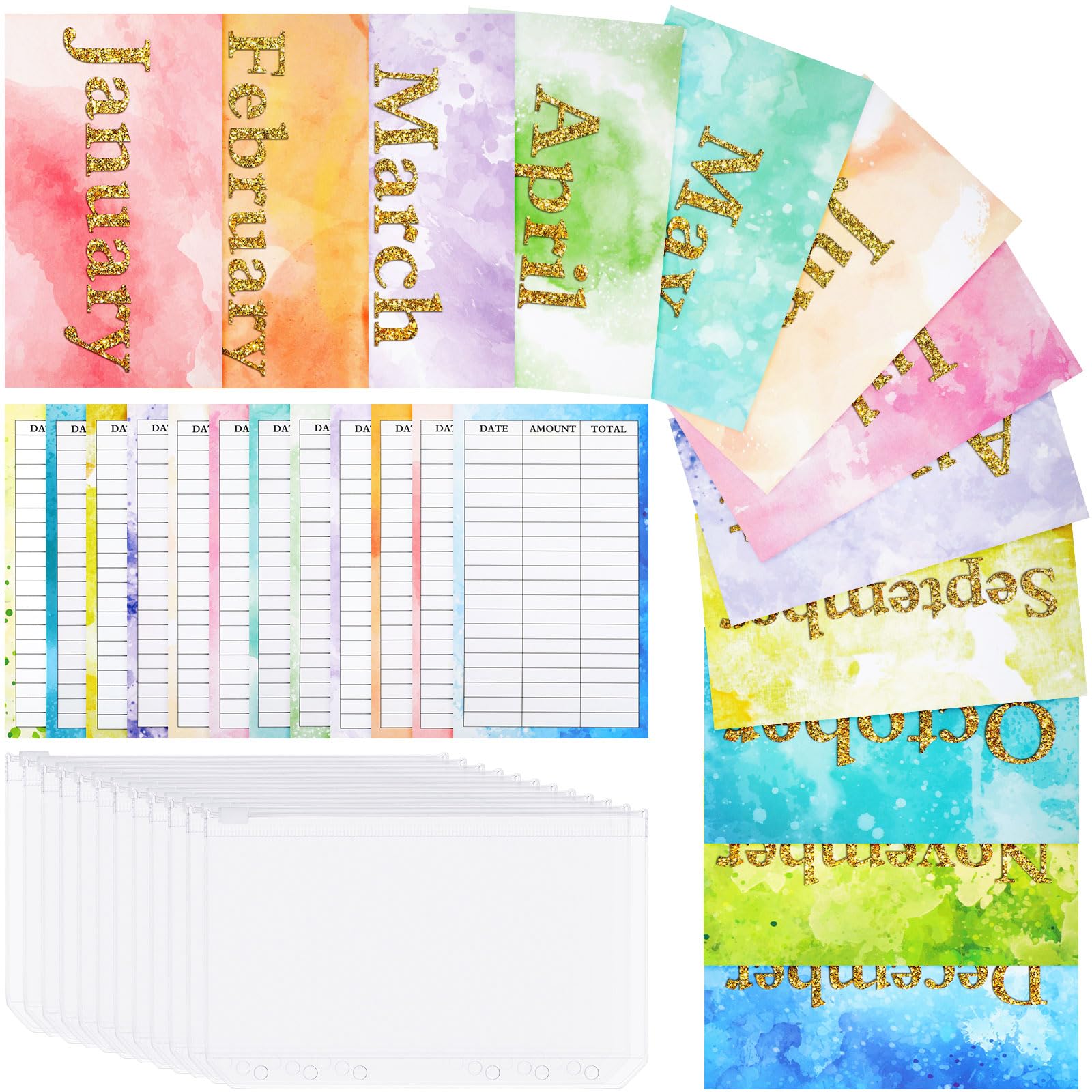 12PCS PVC A6 Binder Pockets & 12PCS Monthly Expense Tracker Budget Sheets, Clear Zipper Cash Envelopes for Budgeting, 6 Hole Planner Binder Insert for Money Saving Challenge Stuffing, Gradient