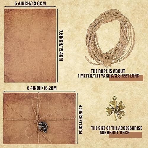 Miniatura 5 de Juego de 60 sobres y papel estacionario vintage, incluye hojas de papel de carta antiguos, sobres de estraza y accesorios retro, cuerda (estrellas,