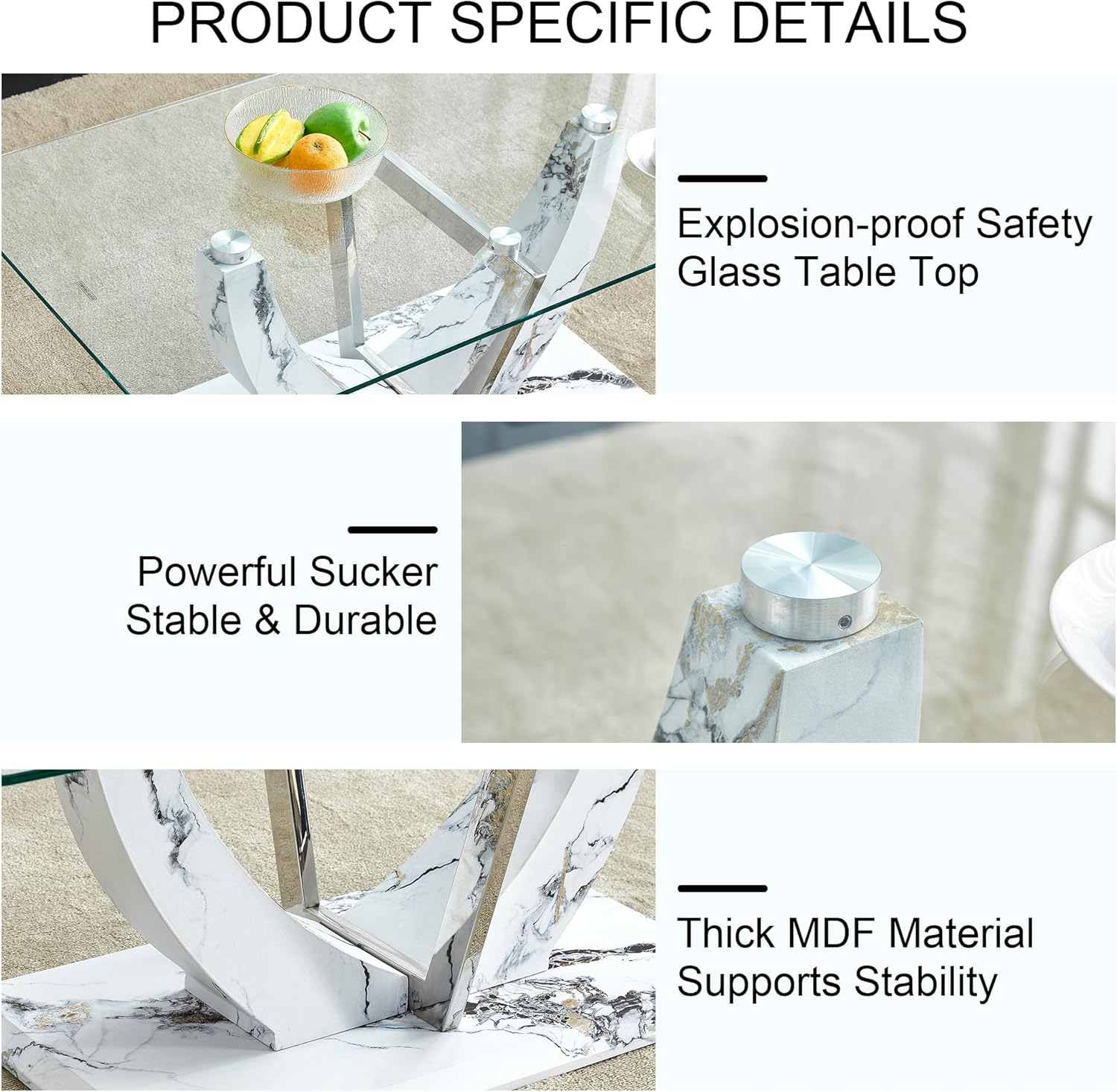 Glass Coffee Table, Modern Rectangular Coffee Table with Tempered Glass Tabletop and White Marble Patterned Stainless Steel Base, Glass Center Table Tea Table Cocktail Table Accent Table