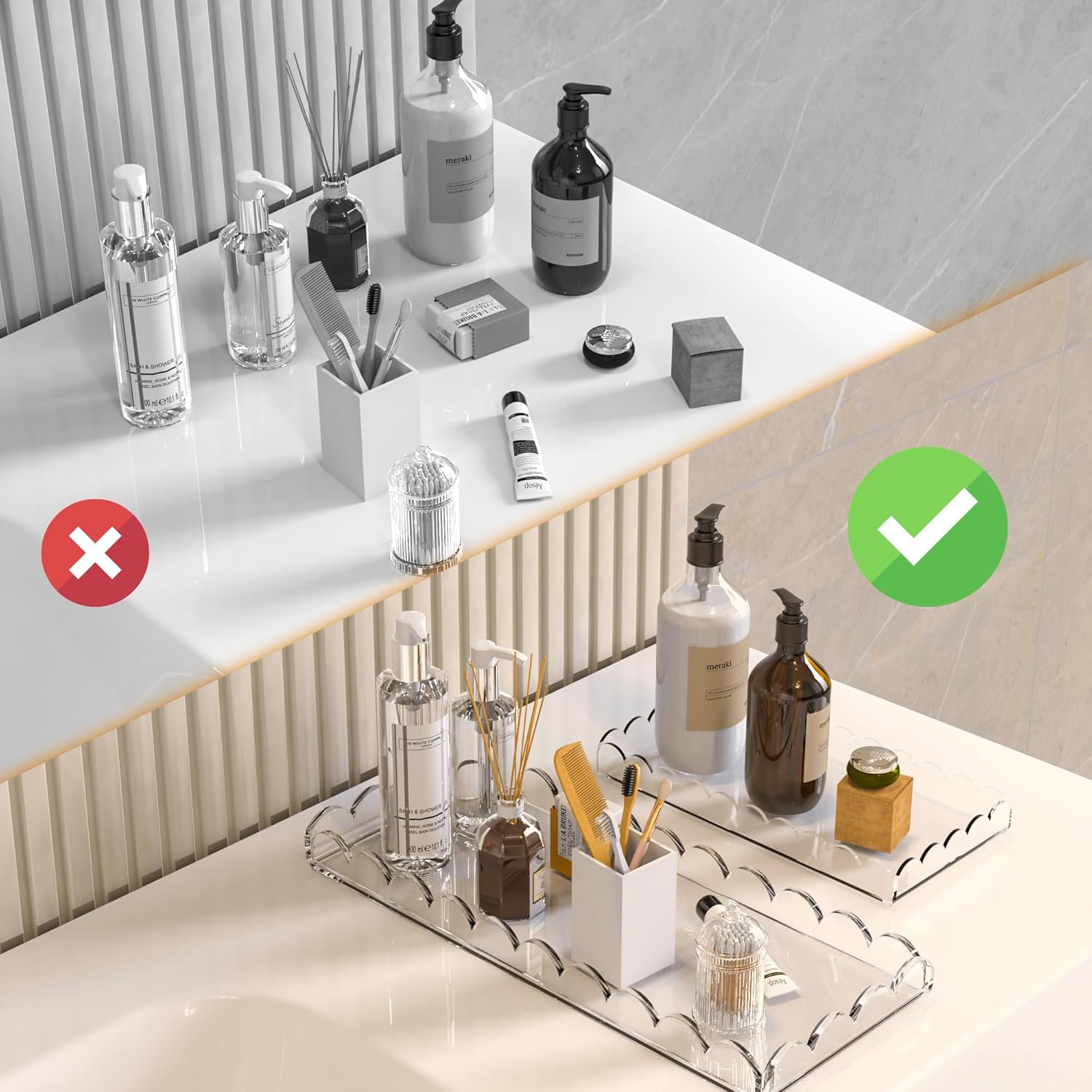 Starry 2 Pack Acrylic Scalloped Tray Clear Acrylic Bathroom Vanity Tray for Bathroom Counter Living Room Decor Organizing Soap Perfume Makeup (Large: 11" L x 5" W + Middle: 8" L x 4" W) - Image 4