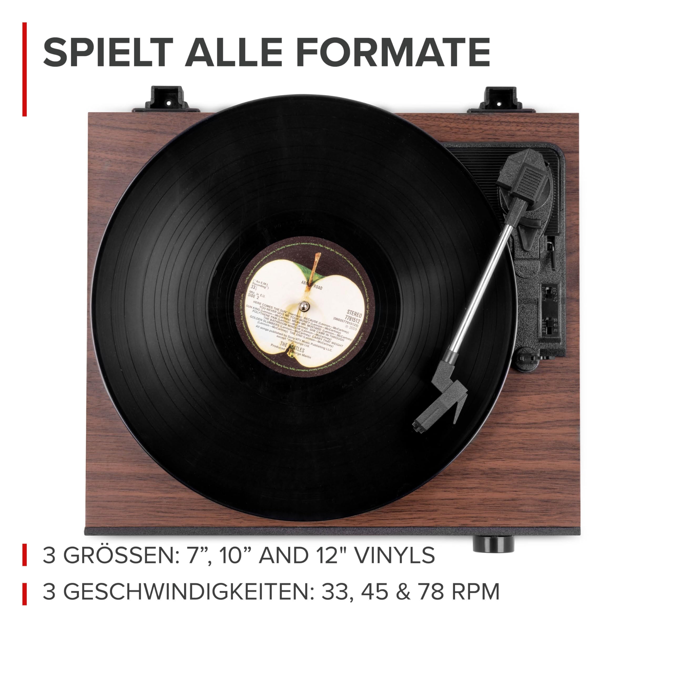 Audizio RP325W Retro Plattenspieler mit Lautsprecher & Bluetooth In/Out, Schallplattenspieler mit Boxen 60 Watt – Vinyl Player Holzoptik – Record Player mit Vorverstärker & Auto-Stop – Turntable Vinyl
