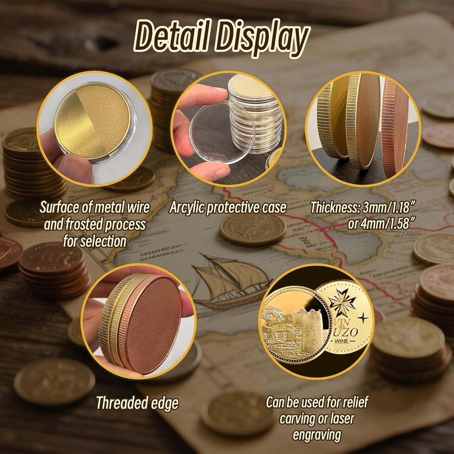 10 Pcs Brass Coins Blanks, 4mm Thickness Custom Challenge Coin, 40mm Threaded Edge, Acrylic Protection Box for Laser Engraving, DIY Gifts, Collection Supplies