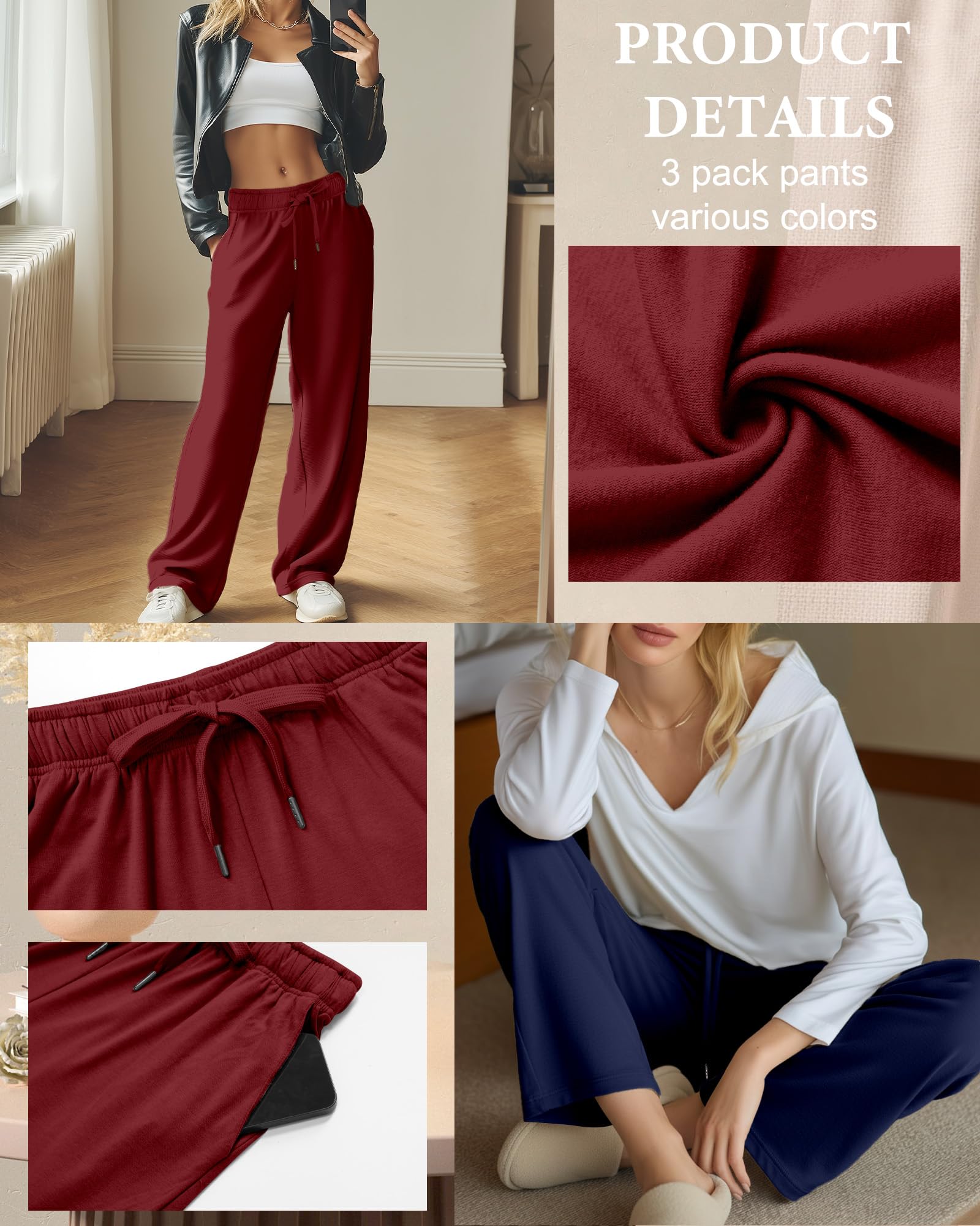 3 Pack Womens Lounge Pants Wide Leg Drawstring Casual Palazzo Trousers High Waisted Yoga Sweatpants with Pockets