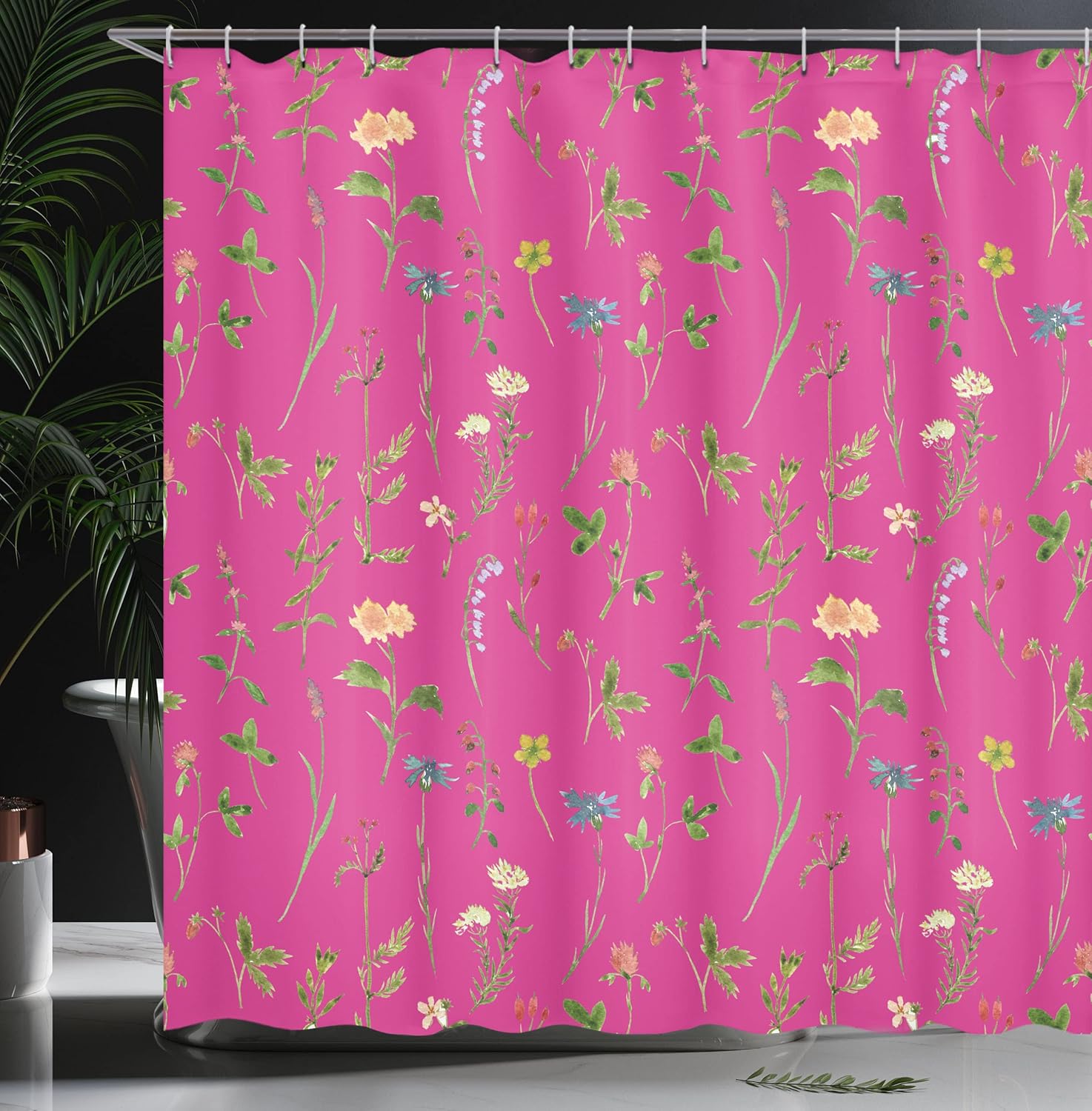 Ambesonne Floral Shower Curtain, Spring Season Themed Watercolors Painting of Herbs Flowers Botany Garden Artwork, Cloth Fabric Bathroom Decor Set with Hooks, 69" W x 75" L, Hot Pink
