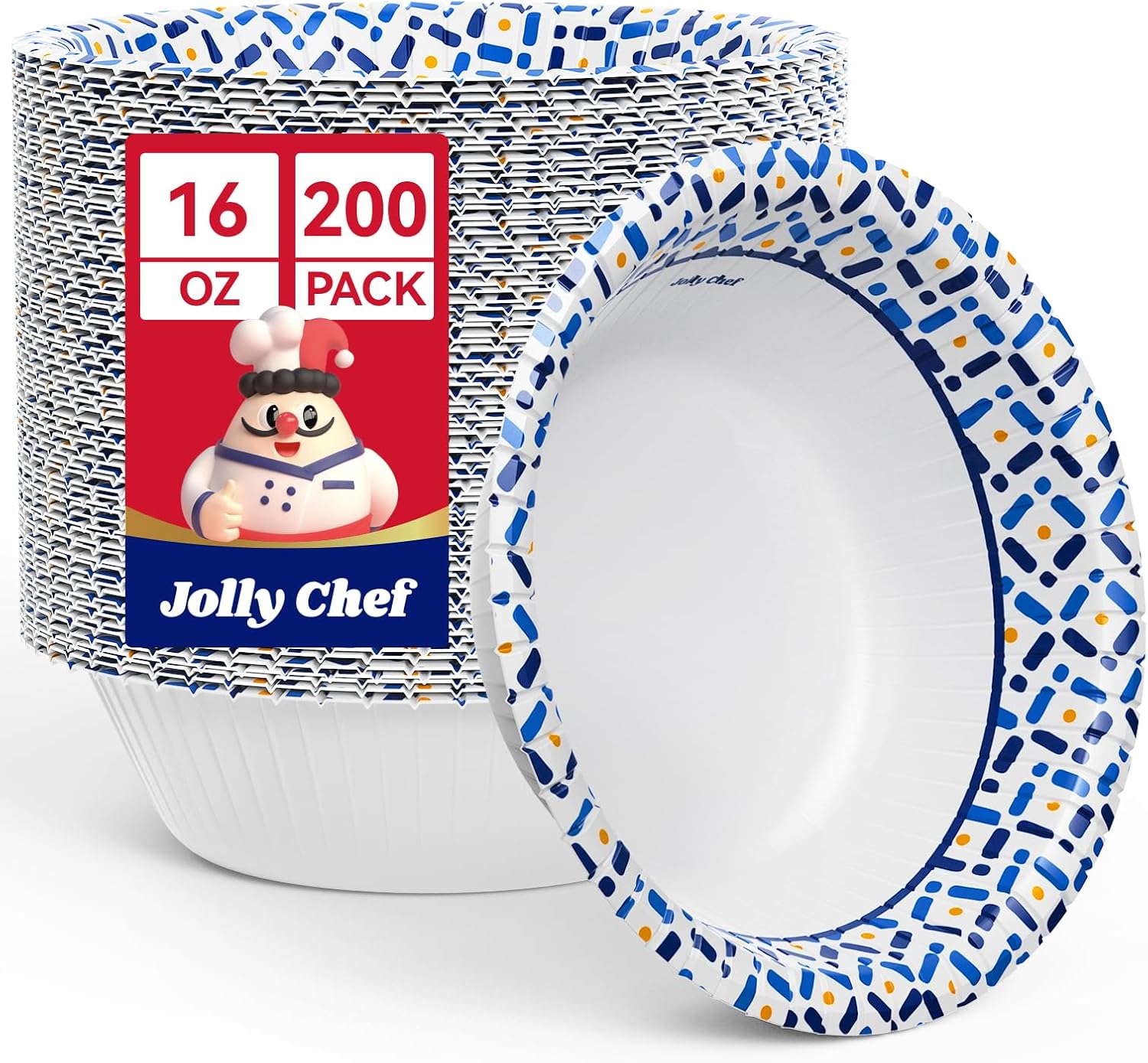 JOLLY CHEF 200 Count 16 oz Paper Bowls, Soak-Proof Small Disposable Bowls for Soup, Salad and Snacks, Desserts Perfect for Parties Weddings Catering Home and Office