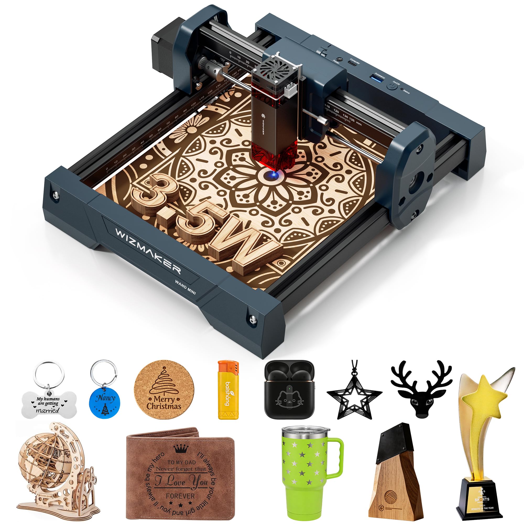 Wand MINI 3.5W Laser Engraver, Compact Engraving Machine for Wood Acrylic Glass, 135×145…