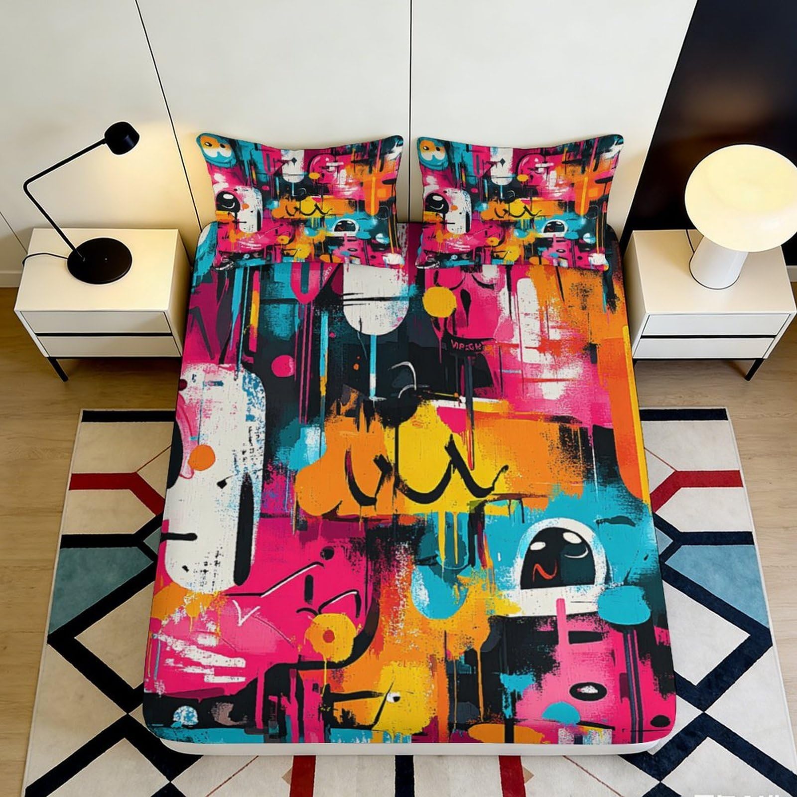 3D Printed Colorful Abstract Graffiti Fitted Sheet Microfiber Soft Breathable Modern Art Mattress Cover for Bedroom Dorm Dormitory Guest Room Decor 140x200x25cm