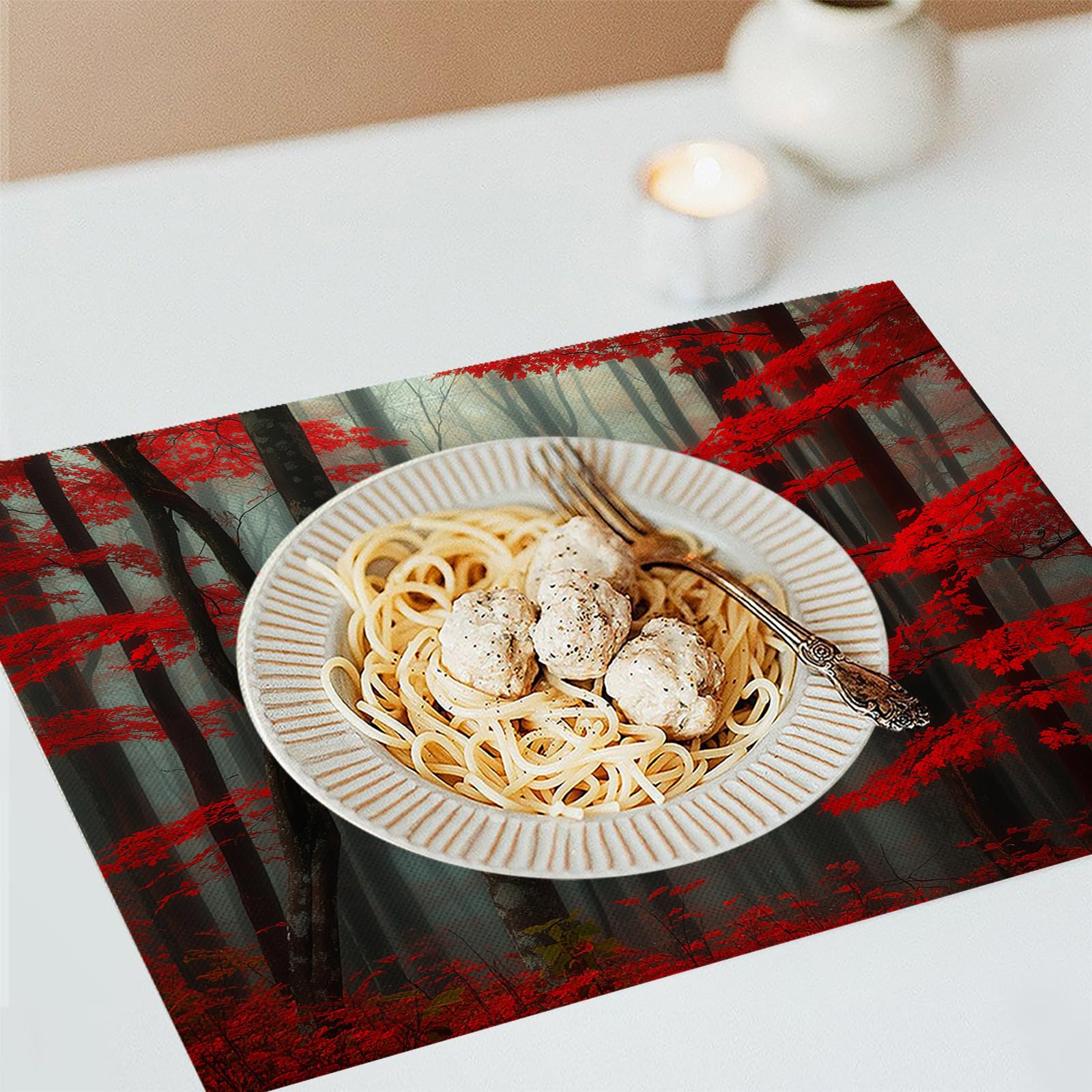 Set di 8 Tovagliette Americane Lavabili Cotone Lino Paesaggio - Tovaglietta Americana Resistenti al Calore Durevole Foglie rosse della foresta - per Colazione Pranzo 30×45 cm