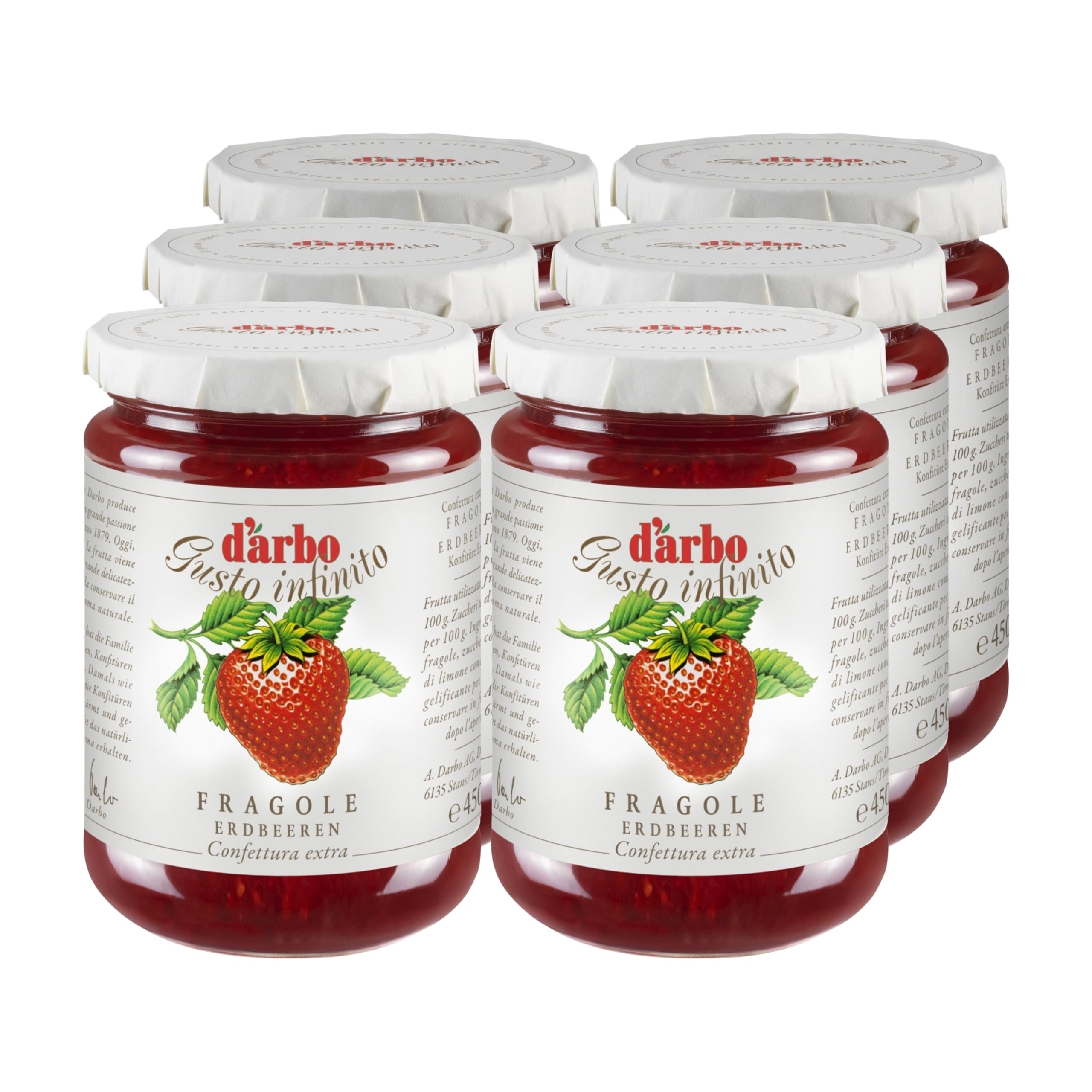 Darbo, Confetture Extra di Fragole, Marmellata con Frutta di Alta Qualità, Ideale per la Colazione, Senza Conservanti e Senza Glutine, Formato Convenienza, Confezione da 6 Vasetti da 450 g